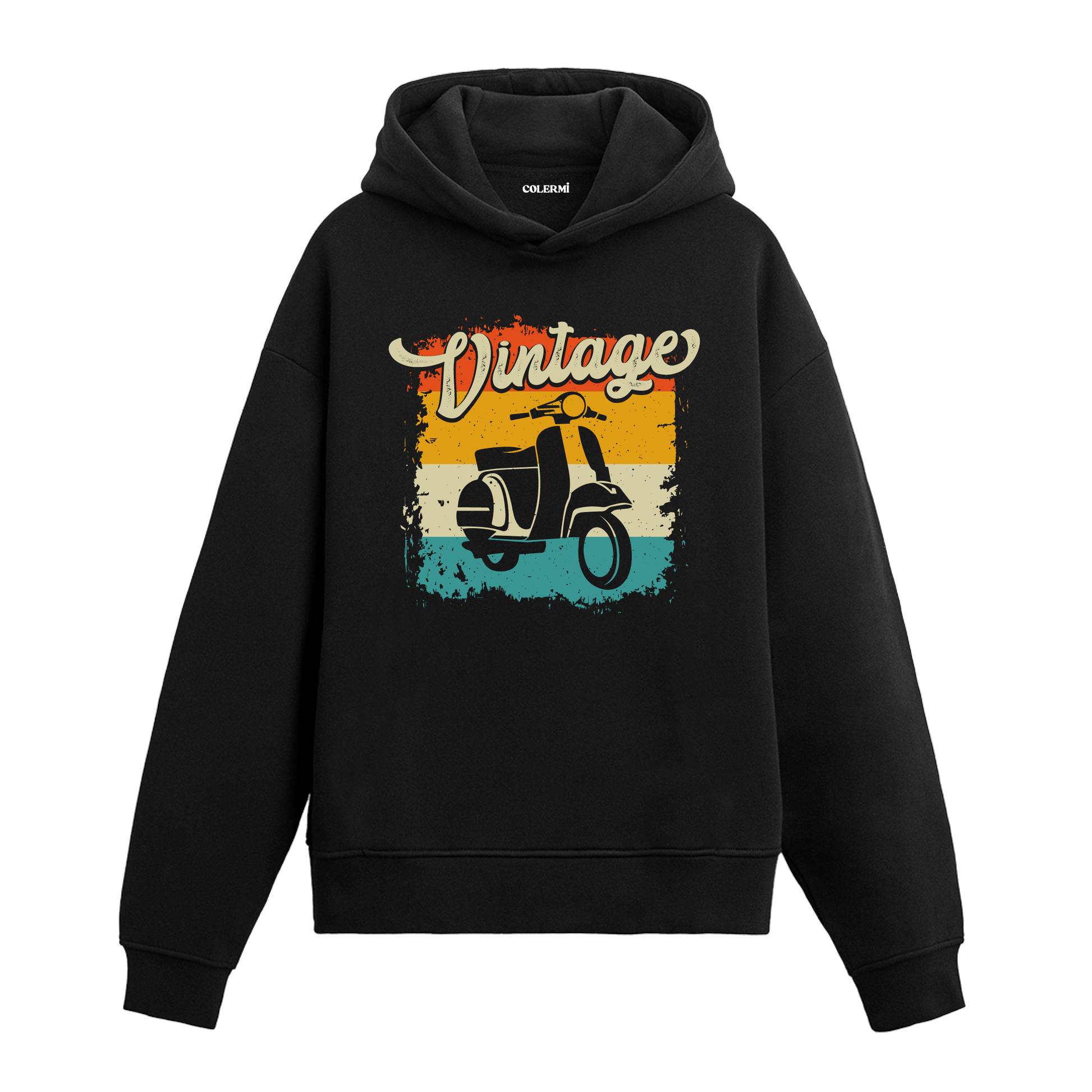 Vintage scooter baskılı siyah hoodie – retro tarzda motor temalı tasarım