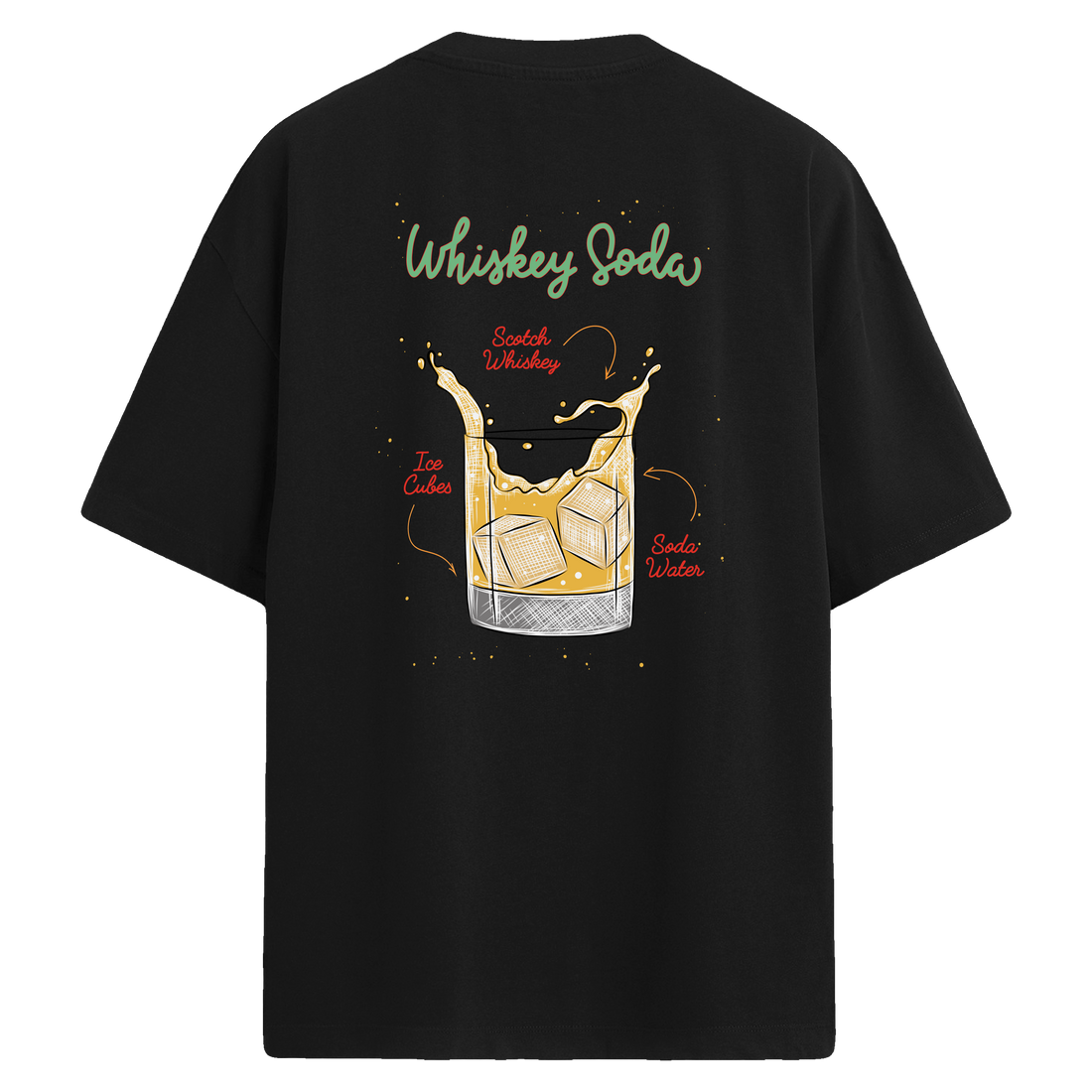 Whiskey Soda temalı sırt baskılı, kokteyl illüstrasyonlu oversize tişört