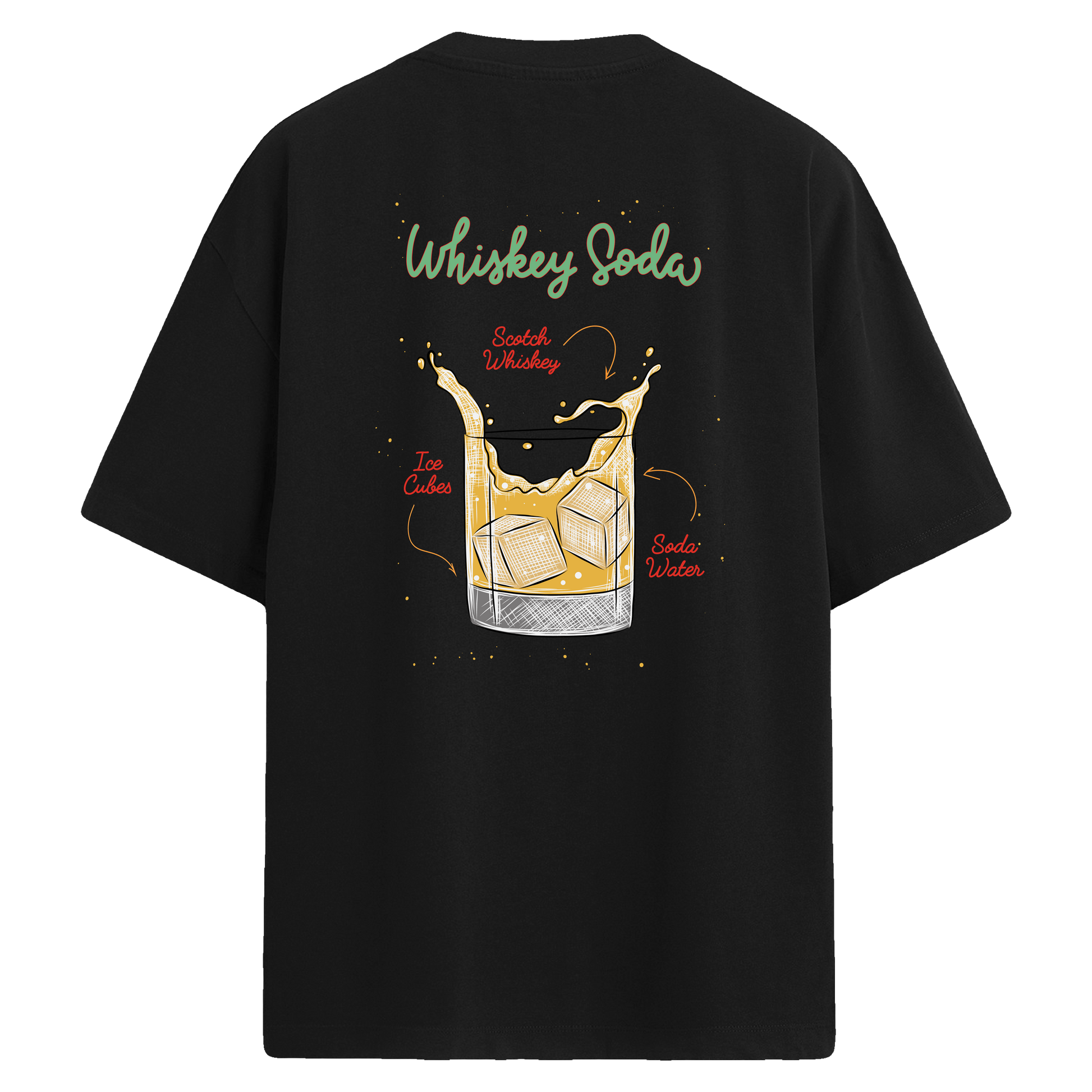 Whiskey Soda temalı sırt baskılı, kokteyl illüstrasyonlu oversize tişört