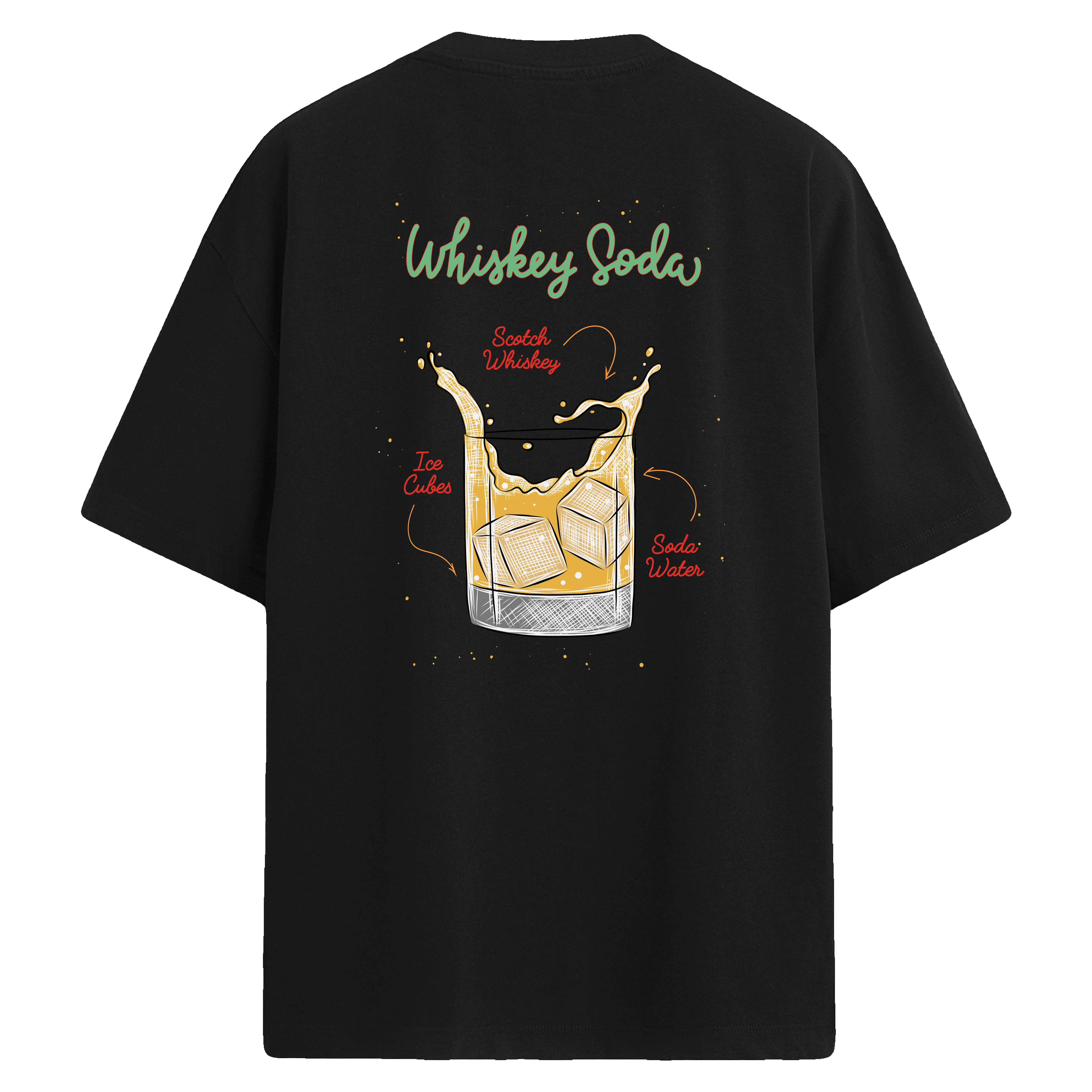 Whiskey Soda temalı sırt baskılı, kokteyl illüstrasyonlu oversize tişört