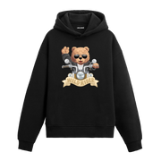 Motosiklet kullanan, güneş gözlüklü ayıcık figürlü hoodie tasarımı.