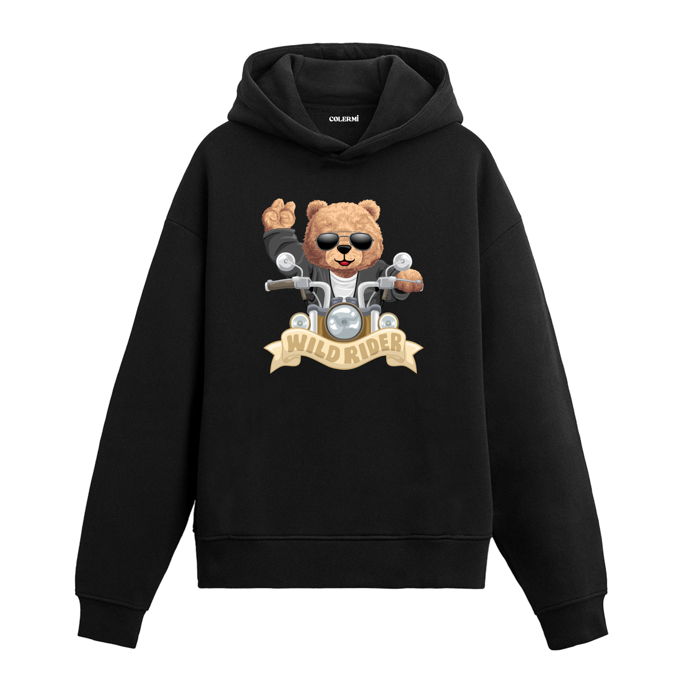 Motosiklet kullanan, güneş gözlüklü ayıcık figürlü hoodie tasarımı.