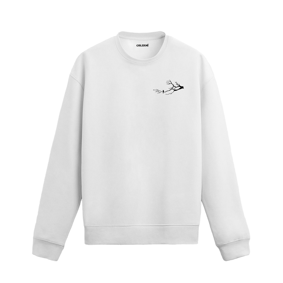 Kuru bir dalın ucunda duran tek kuş figürlü minimalist sweatshirt tasarımı.