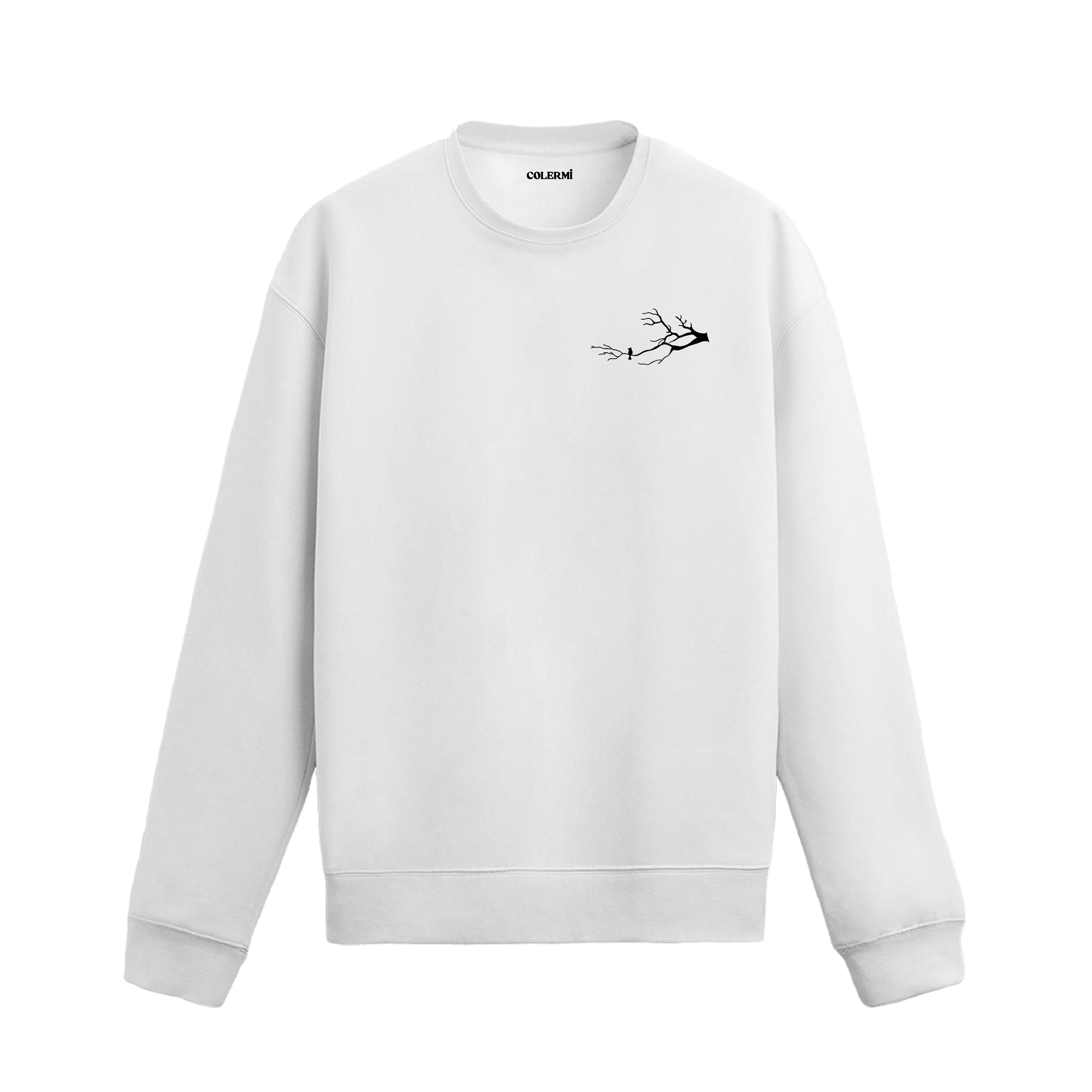 Kuru bir dalın ucunda duran tek kuş figürlü minimalist sweatshirt tasarımı.