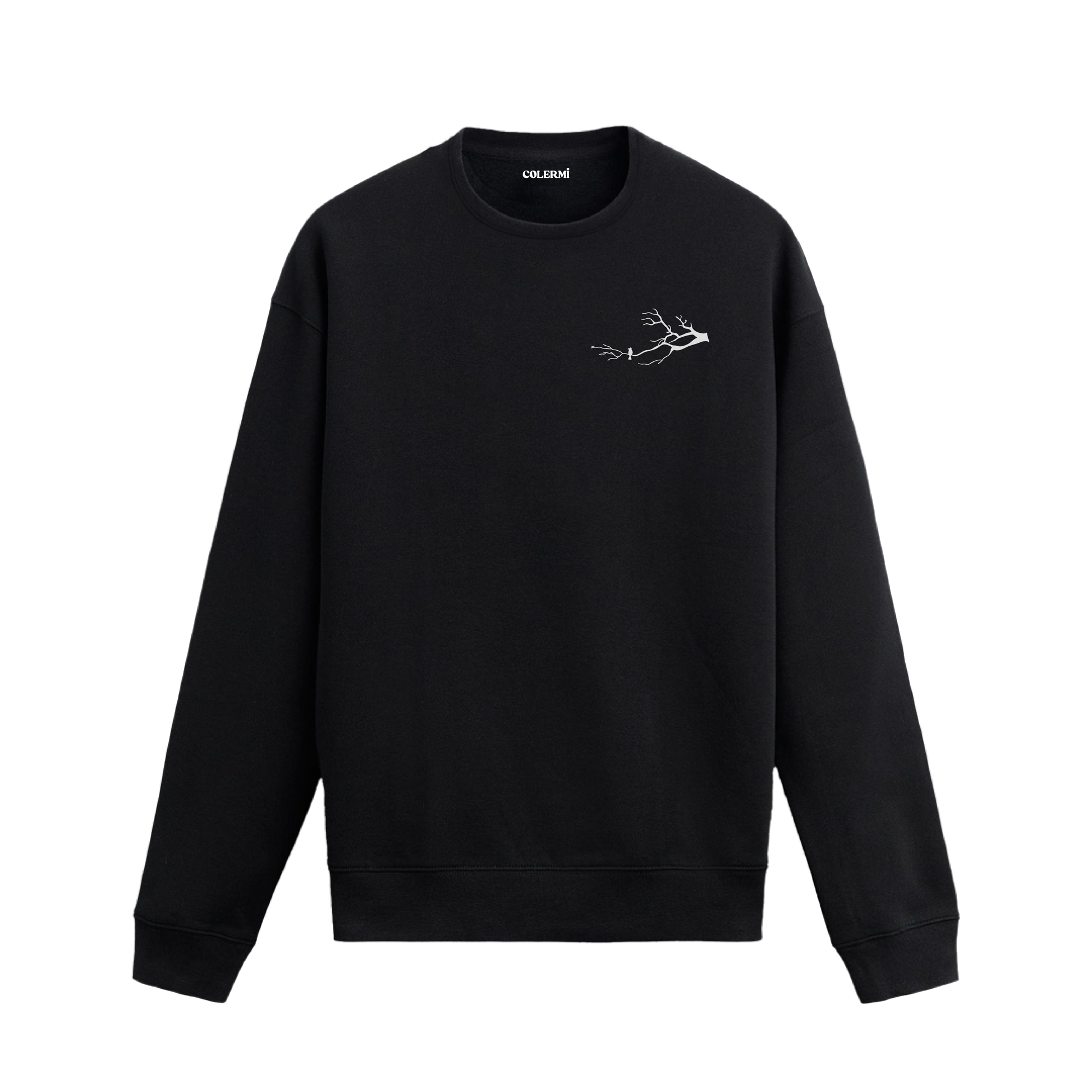Kuru bir dalın ucunda duran tek kuş figürlü minimalist sweatshirt tasarımı.