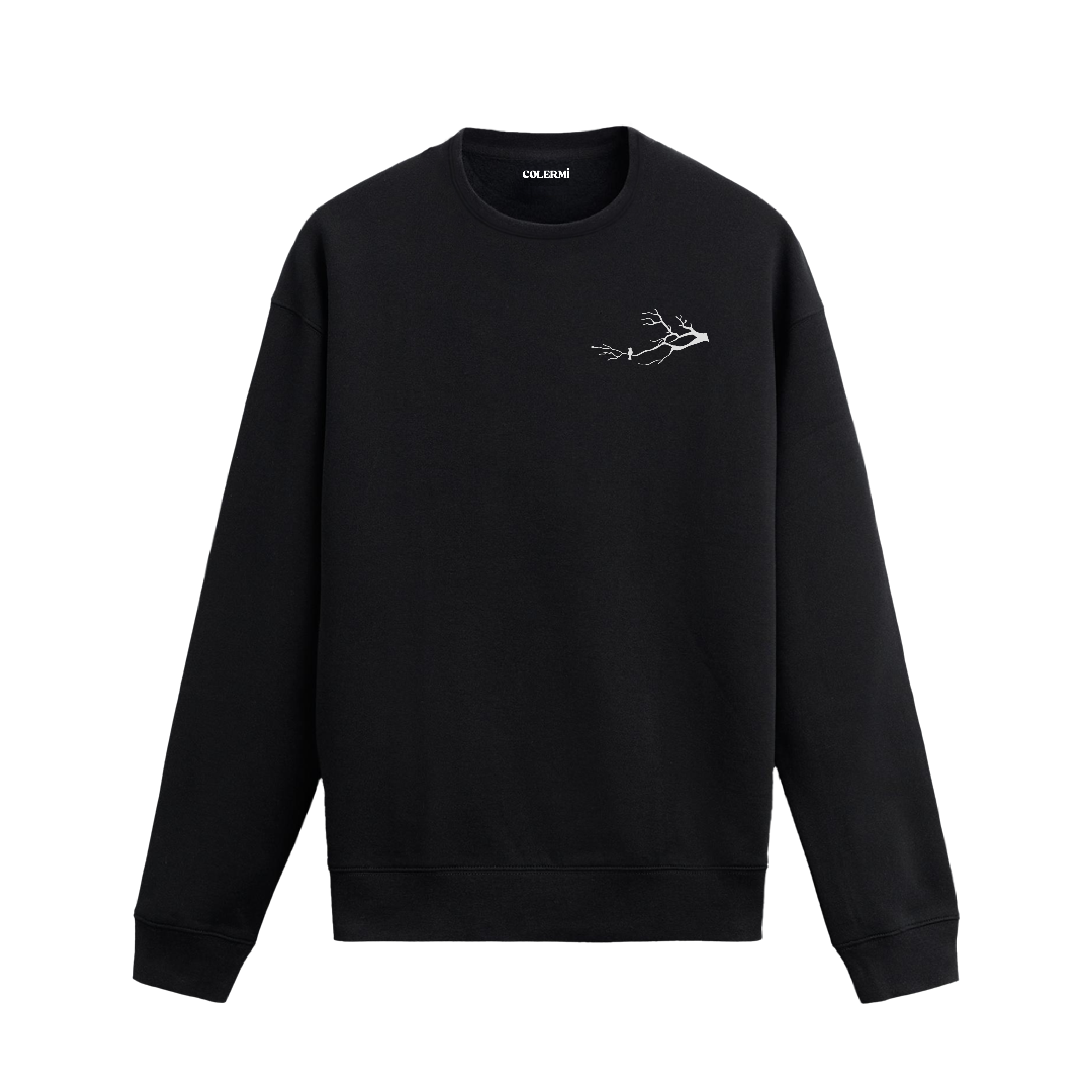 Kuru bir dalın ucunda duran tek kuş figürlü minimalist sweatshirt tasarımı.