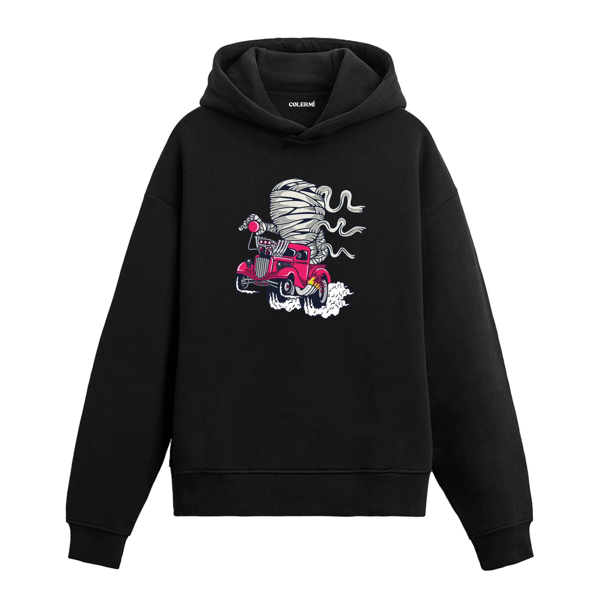 Yarış arabası kullanan mumya tasarım baskılı hoodie – enerjik ve mizahi tarz