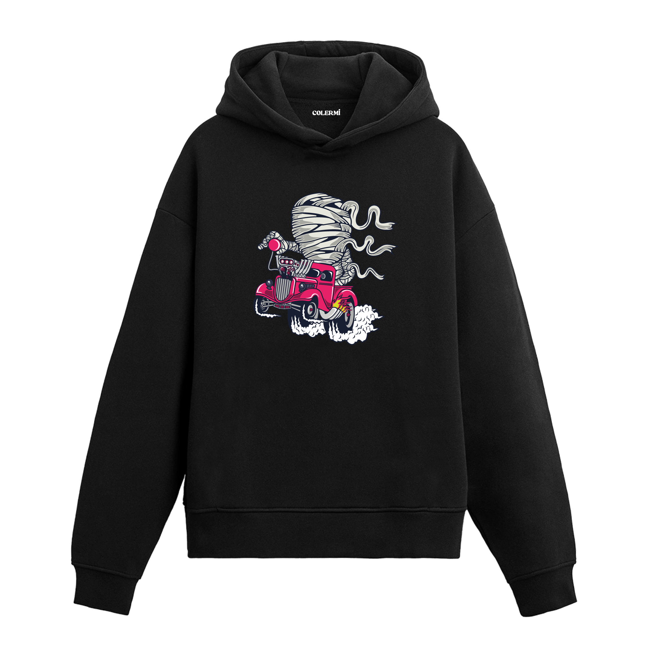 Yarış arabası kullanan mumya tasarım baskılı hoodie – enerjik ve mizahi tarz