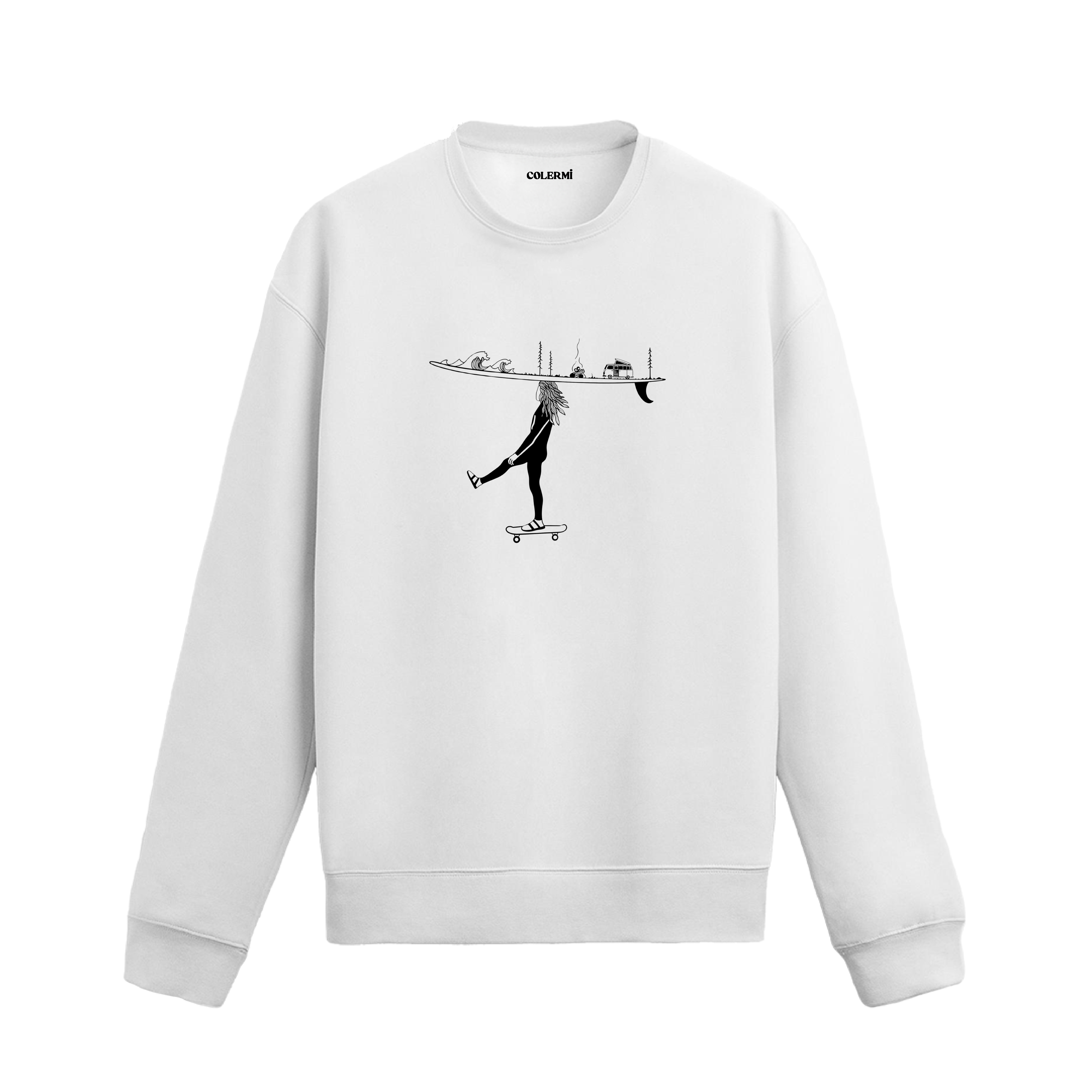Kaykay üzerinde ilerleyen figür, başında sörf tahtası ve doğa detayları olan Colermi sweatshirt.