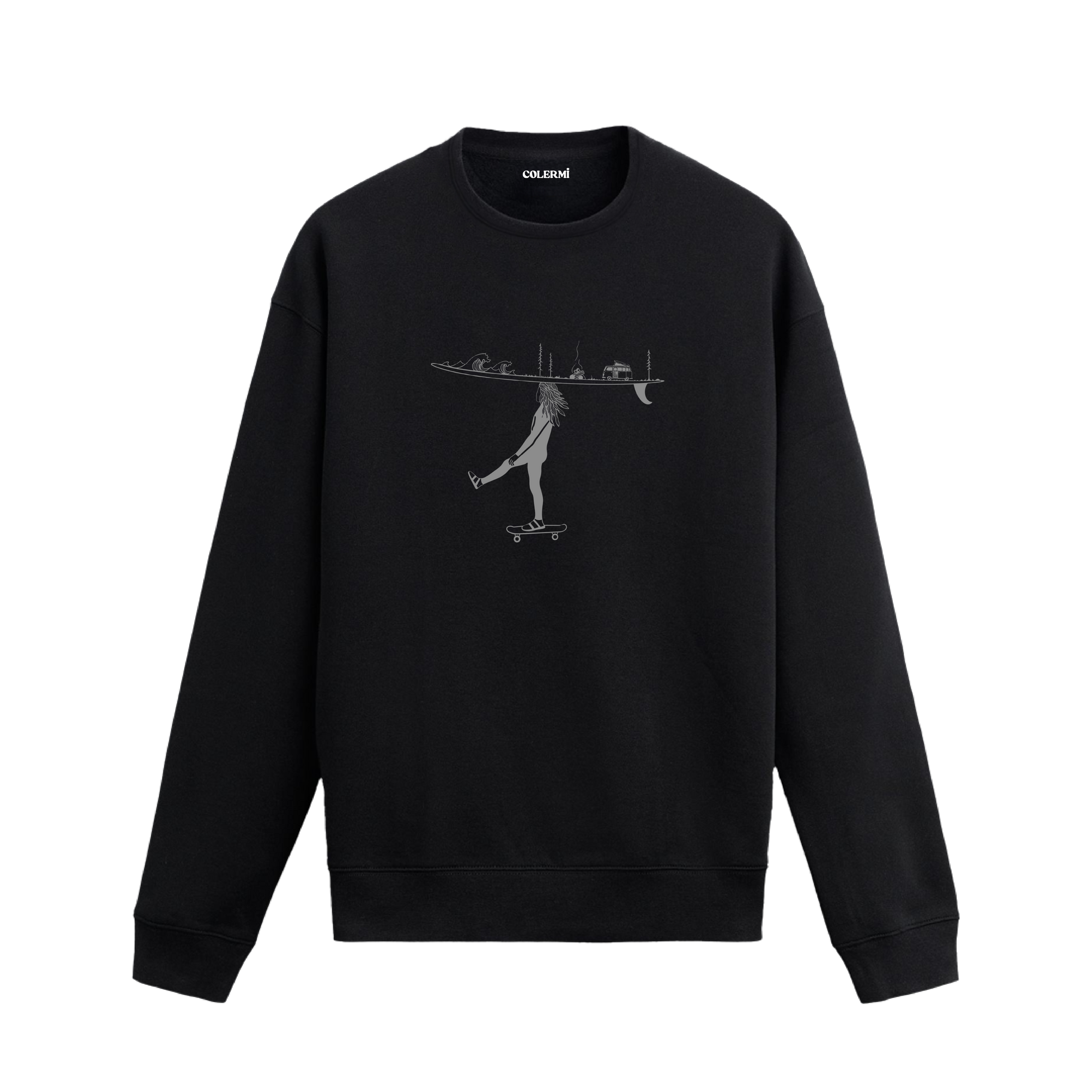 Kaykay üzerinde ilerleyen figür, başında sörf tahtası ve doğa detayları olan Colermi sweatshirt.