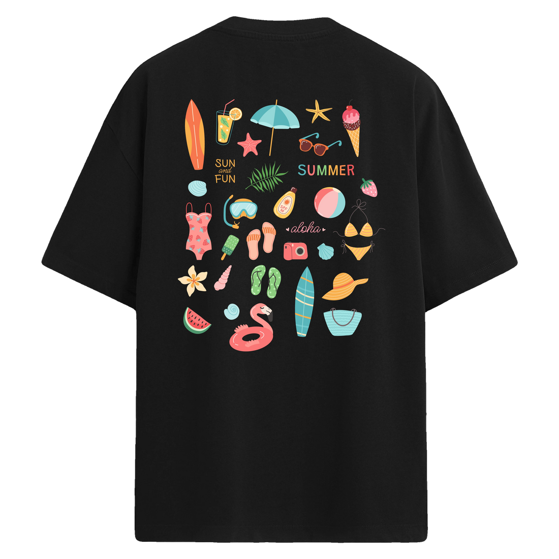 Plaj ve yaz sembolleriyle süslenmiş siyah sırt baskılı oversize tişört