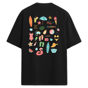Plaj ve yaz sembolleriyle süslenmiş siyah sırt baskılı oversize tişört