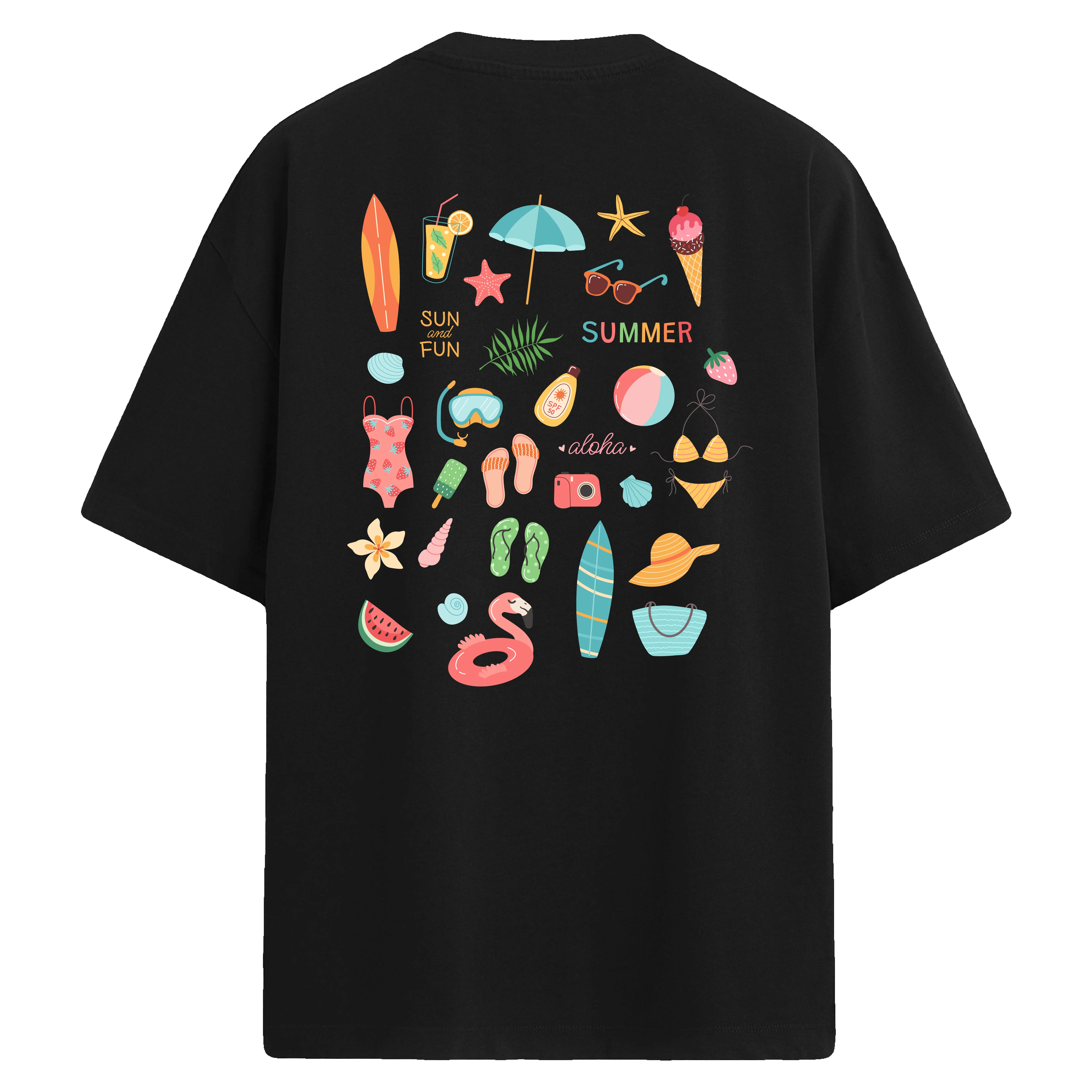 Plaj ve yaz sembolleriyle süslenmiş siyah sırt baskılı oversize tişört