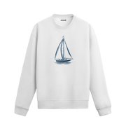 Minimal çizgilerle tasarlanmış, yelkenleri açık klasik yelkenli figürlü sweatshirt deseni.