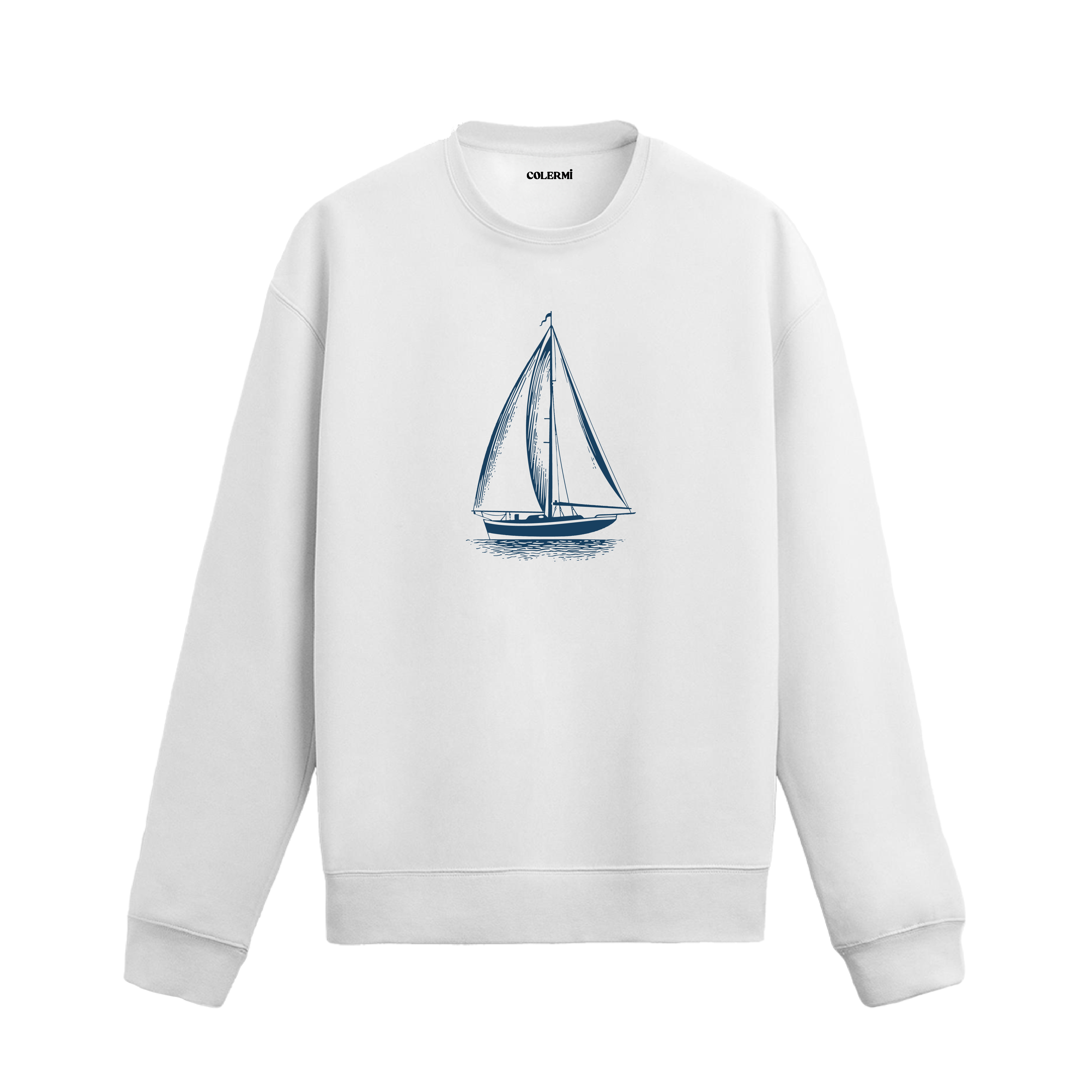 Minimal çizgilerle tasarlanmış, yelkenleri açık klasik yelkenli figürlü sweatshirt deseni.