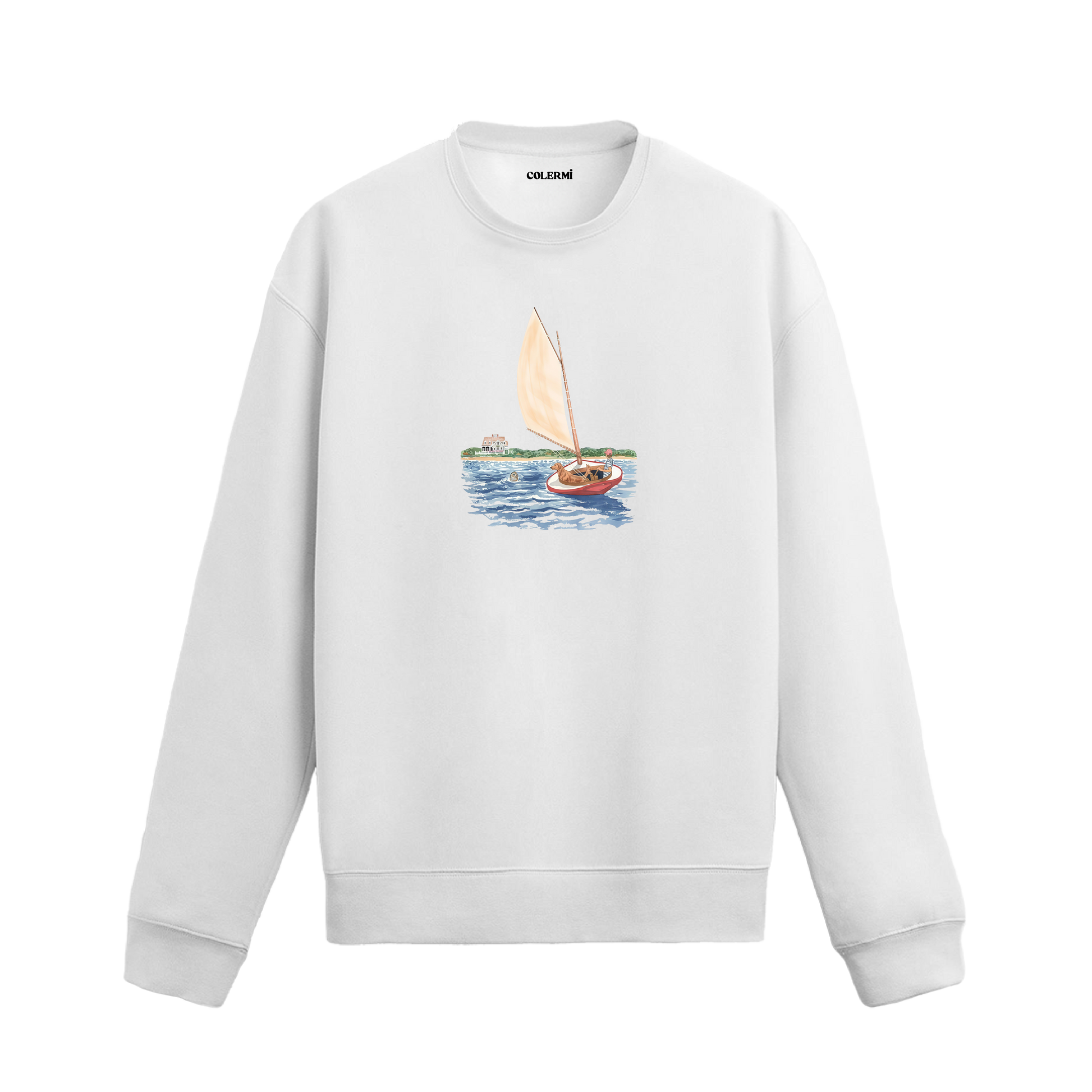 Yelkenlide insan ve köpeğin bulunduğu, denizde fok figürü ve sahil eviyle tamamlanan huzurlu tasarıma sahip sweatshirt.