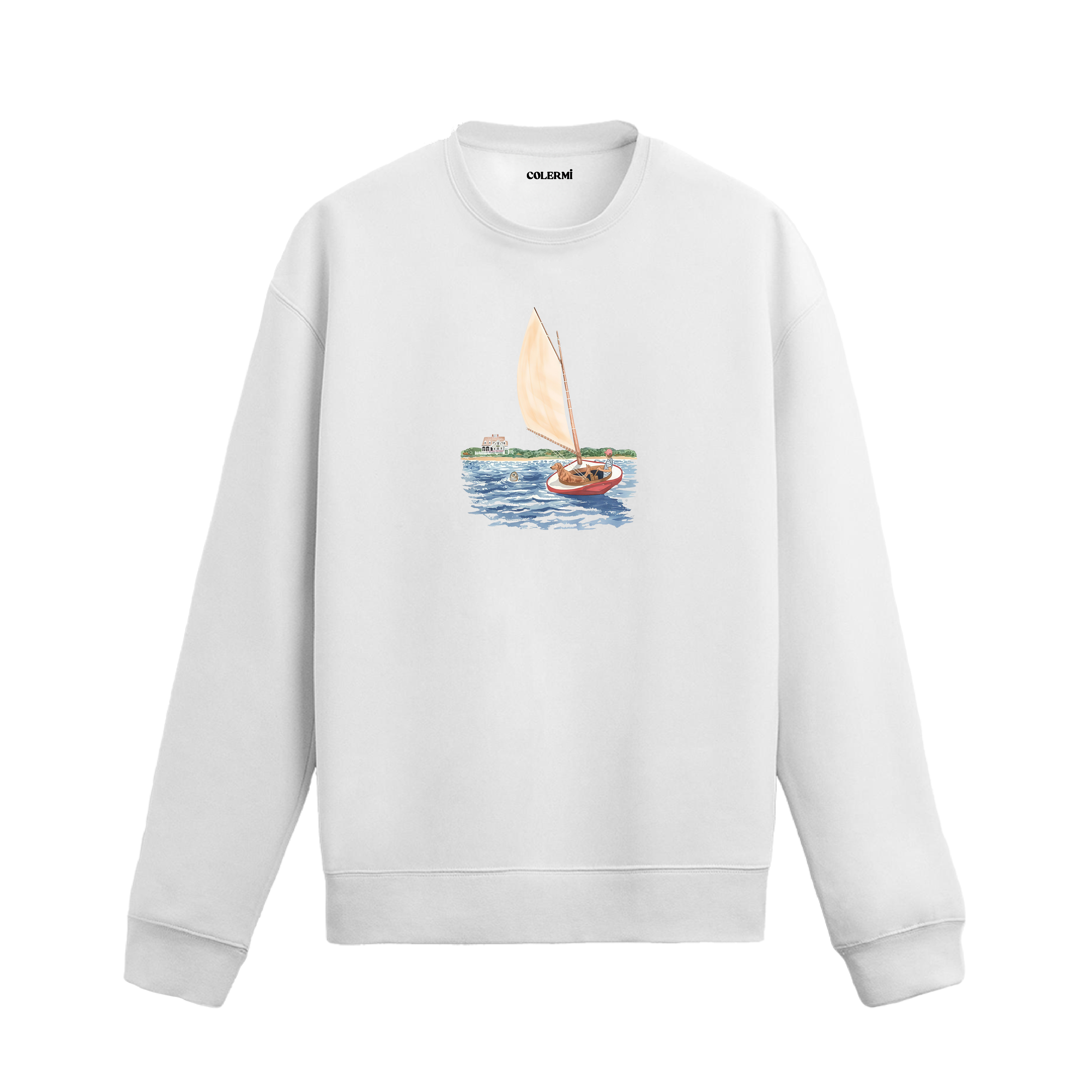 Yelkenlide insan ve köpeğin bulunduğu, denizde fok figürü ve sahil eviyle tamamlanan huzurlu tasarıma sahip sweatshirt.