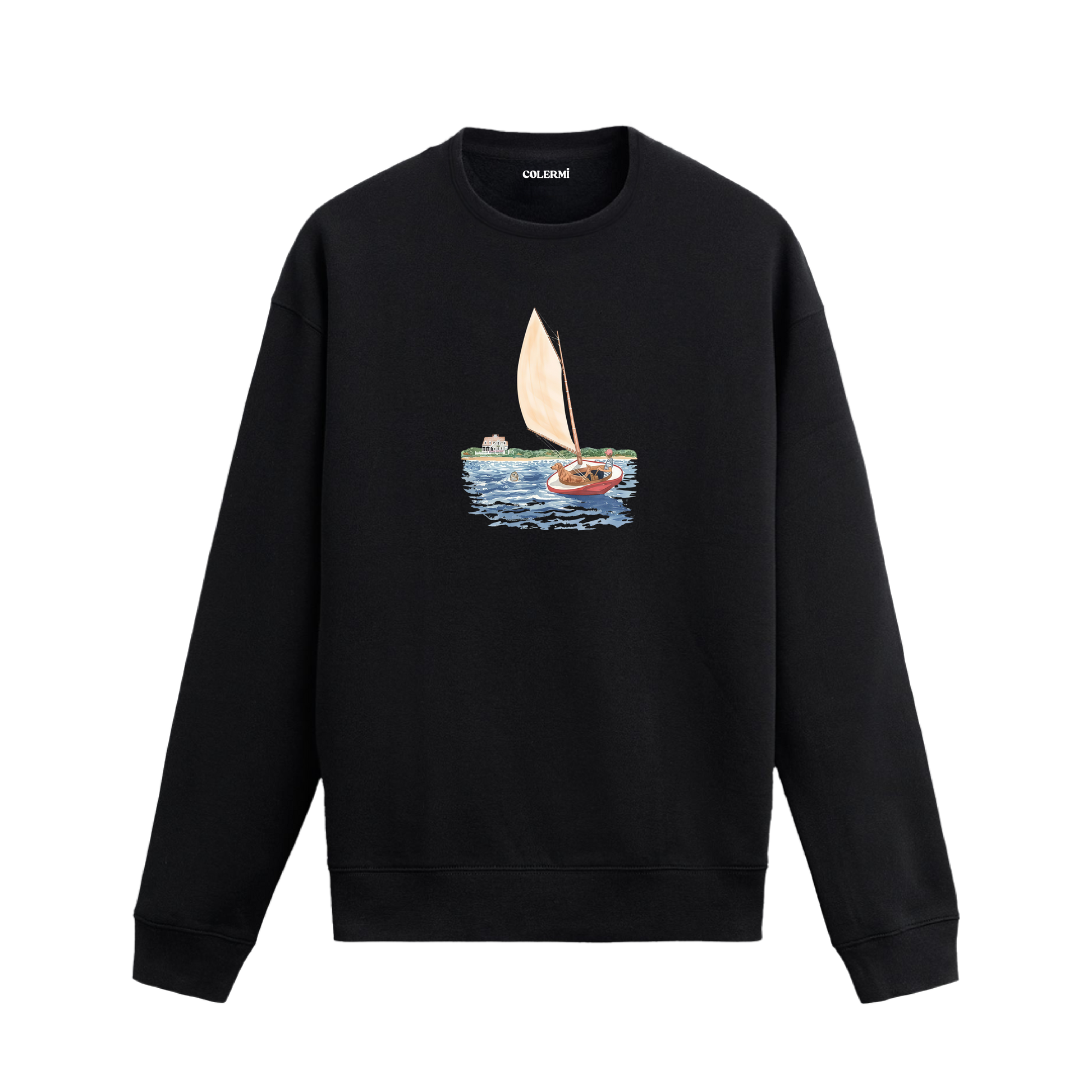Yelkenlide insan ve köpeğin bulunduğu, denizde fok figürü ve sahil eviyle tamamlanan huzurlu tasarıma sahip sweatshirt.