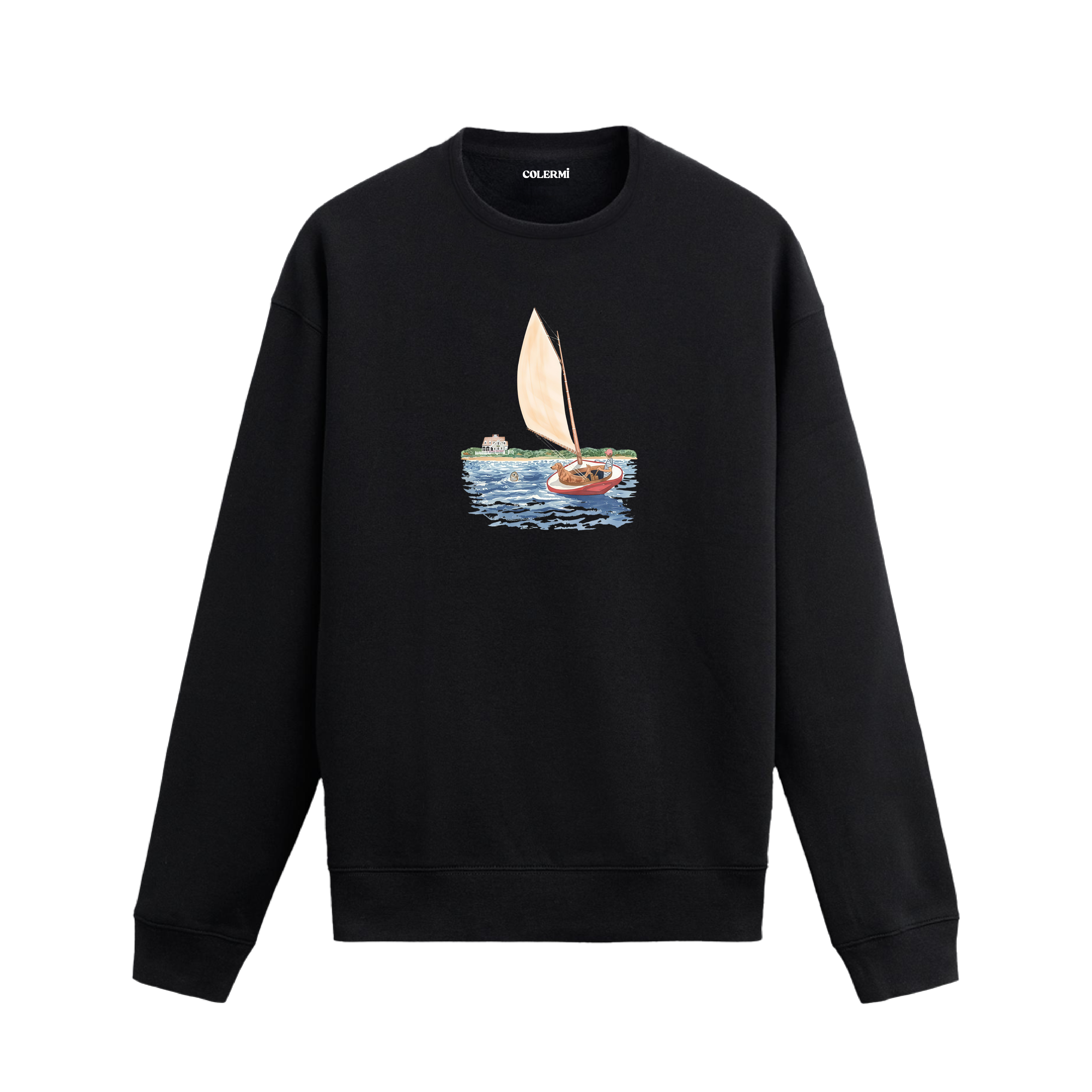 Yelkenlide insan ve köpeğin bulunduğu, denizde fok figürü ve sahil eviyle tamamlanan huzurlu tasarıma sahip sweatshirt.