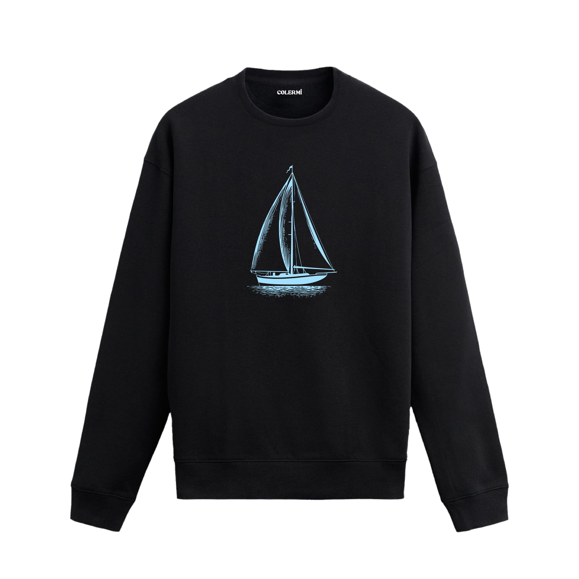 Minimal çizgilerle tasarlanmış, yelkenleri açık klasik yelkenli figürlü sweatshirt deseni.