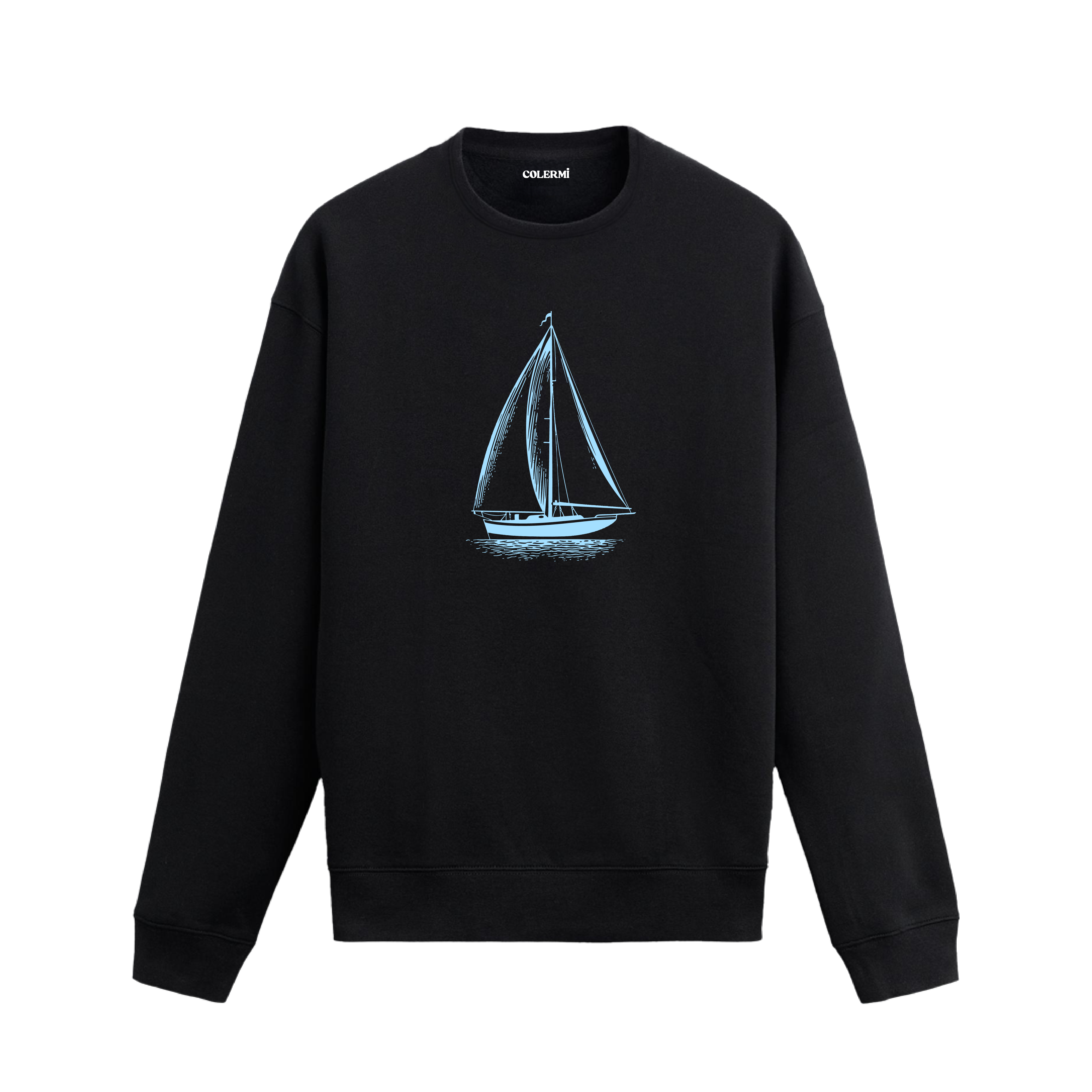 Minimal çizgilerle tasarlanmış, yelkenleri açık klasik yelkenli figürlü sweatshirt deseni.