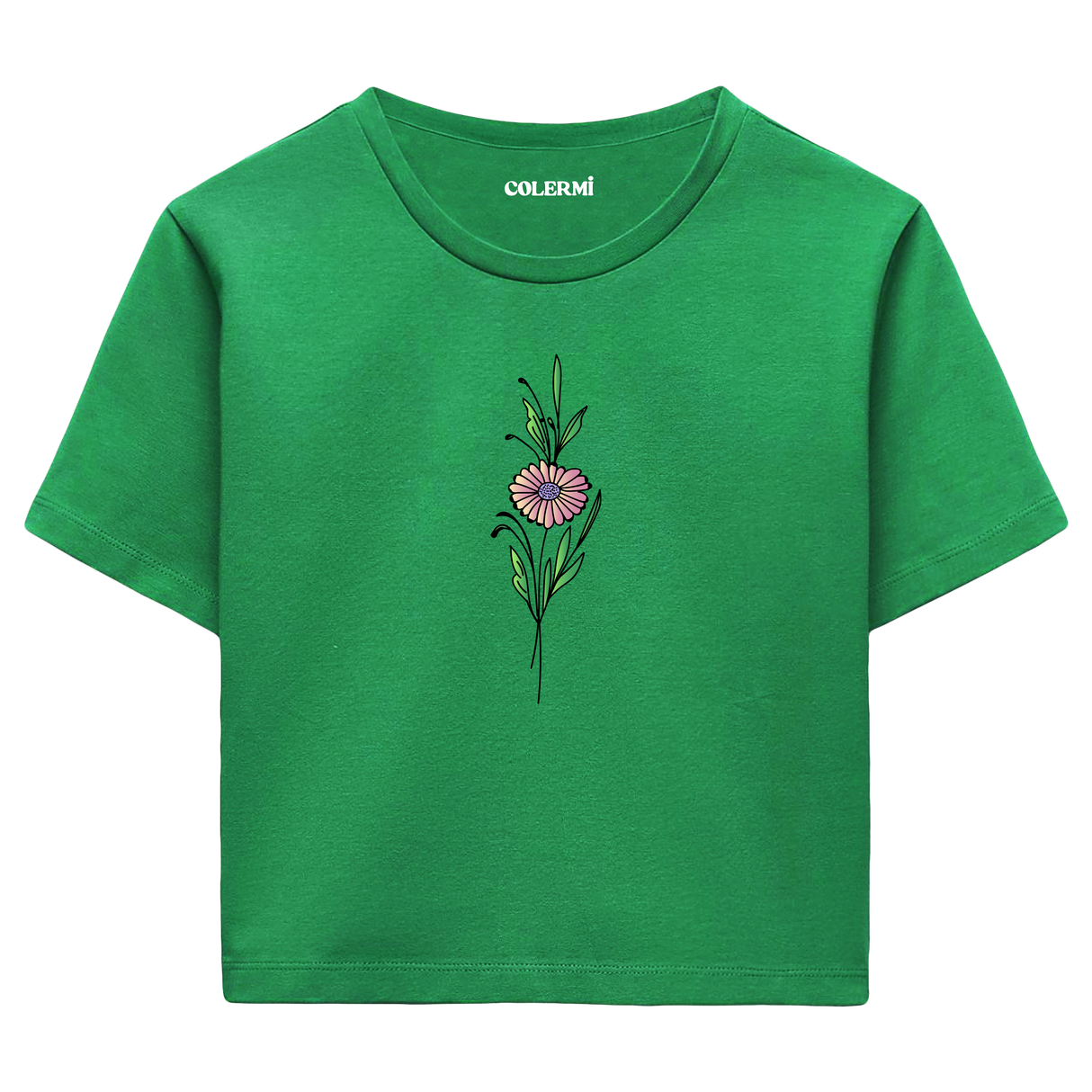 Crop T-Shirt - Minimal Çiçek İllüstrasyonu