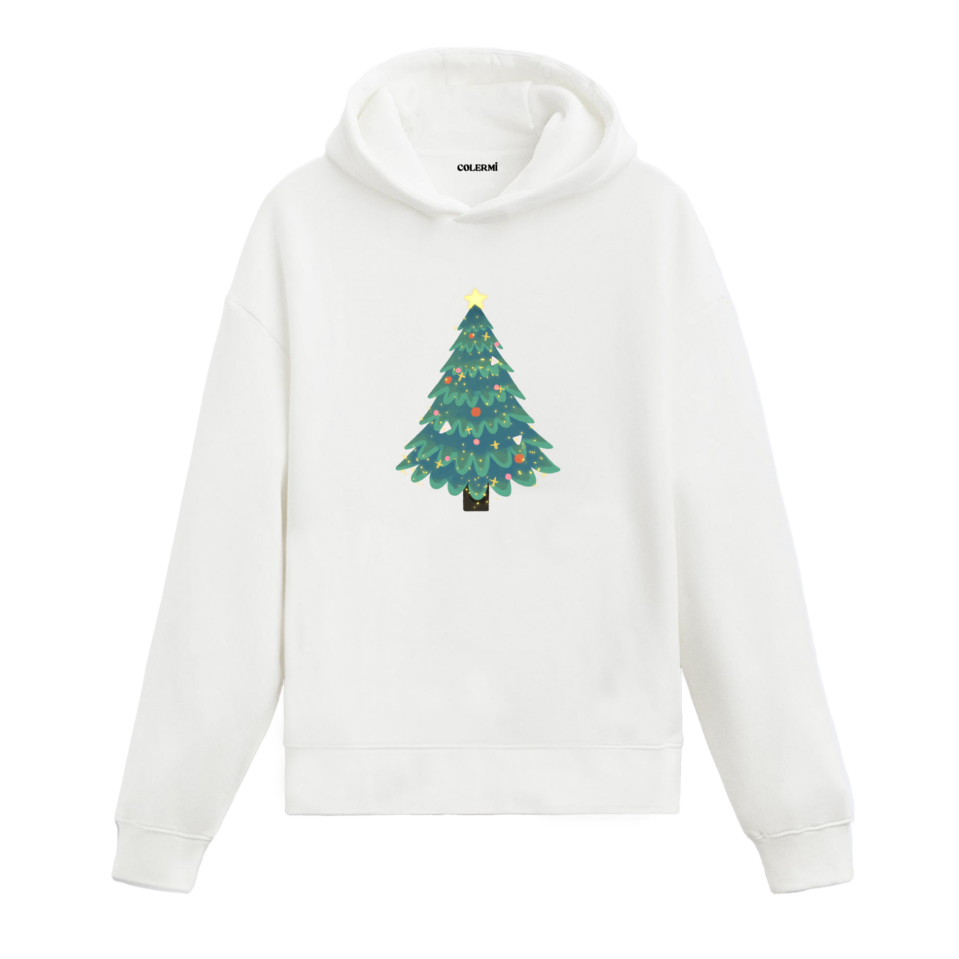 Beyaz hoodie, süslenmiş yılbaşı ağacı baskısı yıldız detaylı, pamuklu unisex hoodie