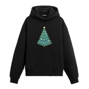 Siyah hoodie, yıldızlı ve süslemeli yılbaşı ağacı baskısı, pamuklu unisex hoodie