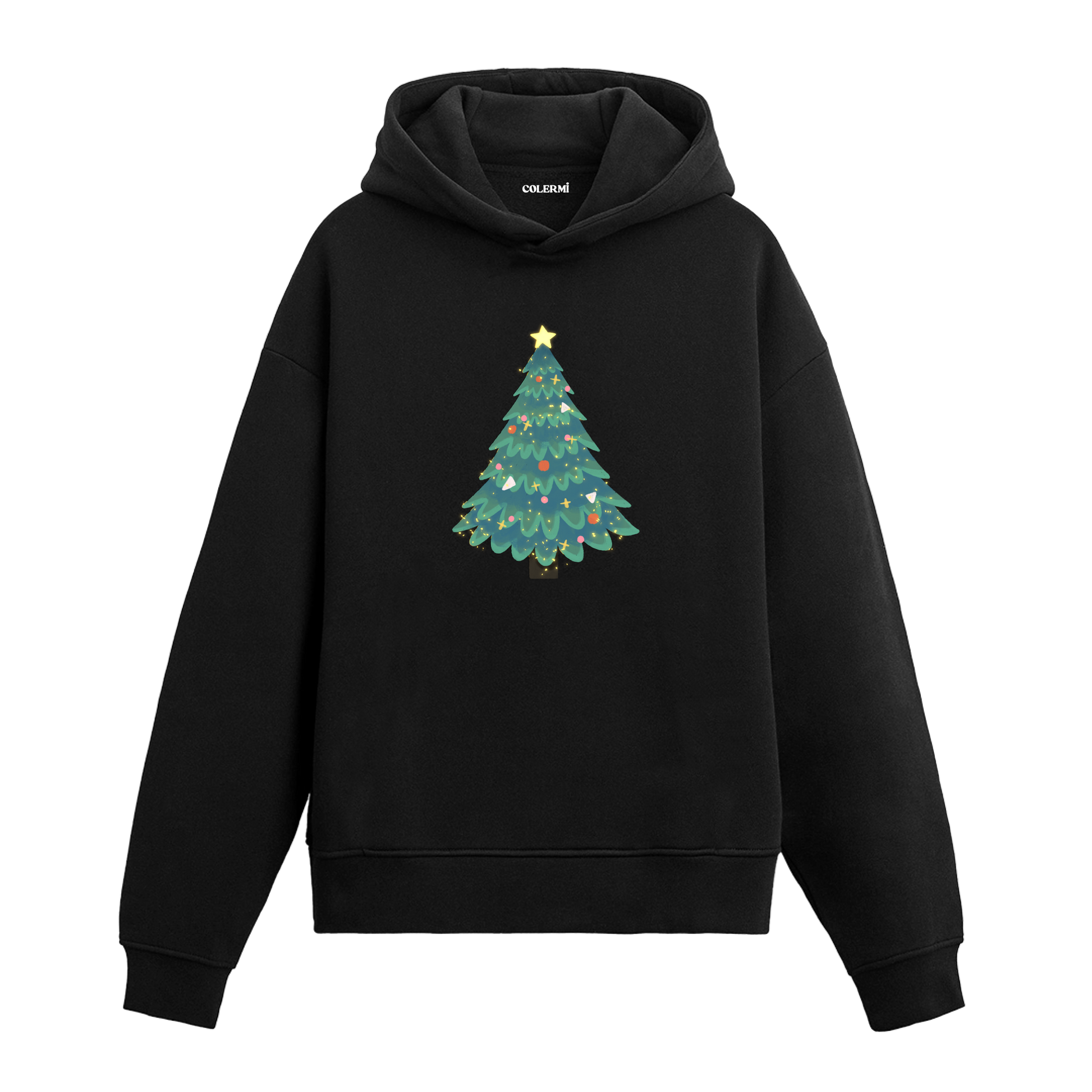 Siyah hoodie, yıldızlı ve süslemeli yılbaşı ağacı baskısı, pamuklu unisex hoodie