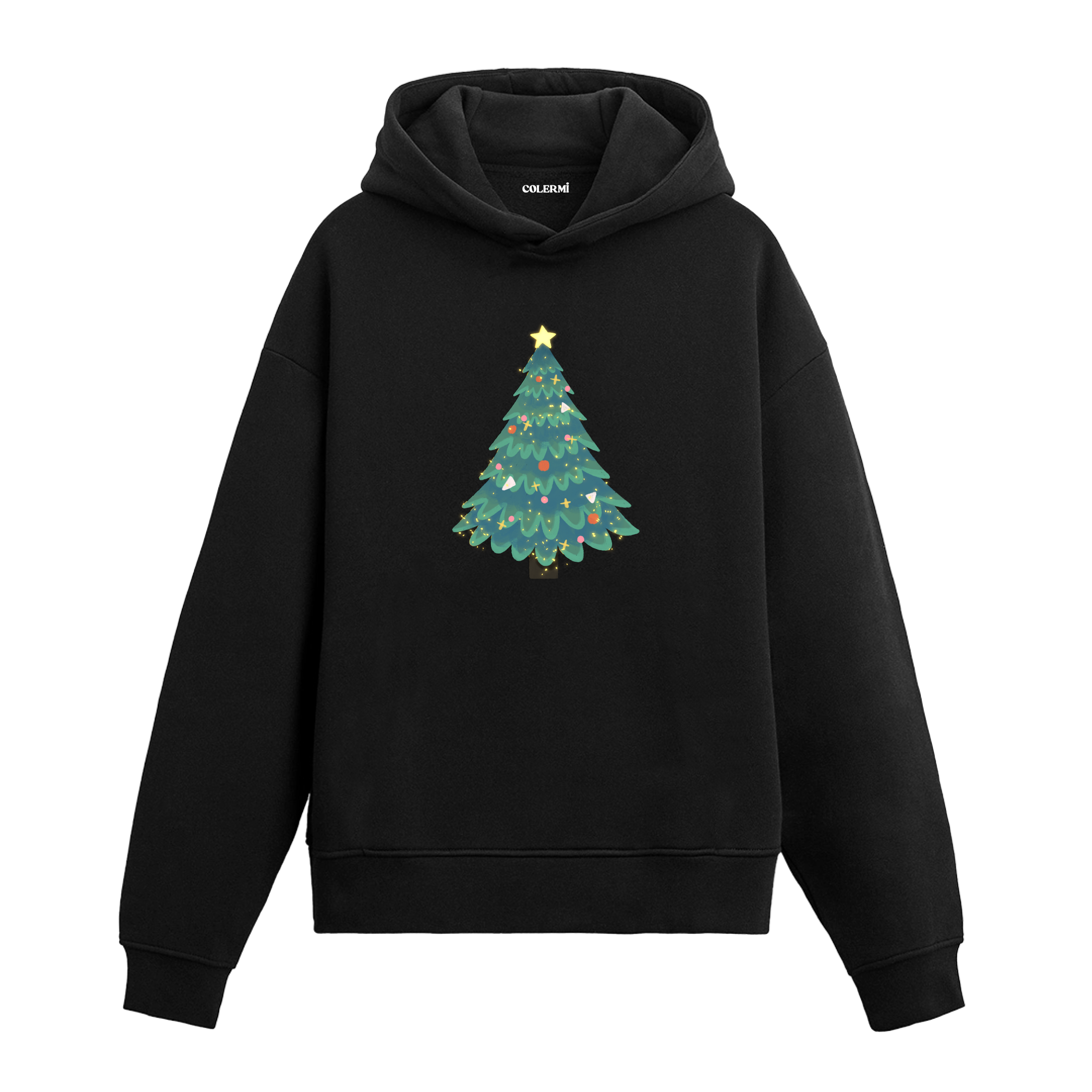 Siyah hoodie, yıldızlı ve süslemeli yılbaşı ağacı baskısı, pamuklu unisex hoodie