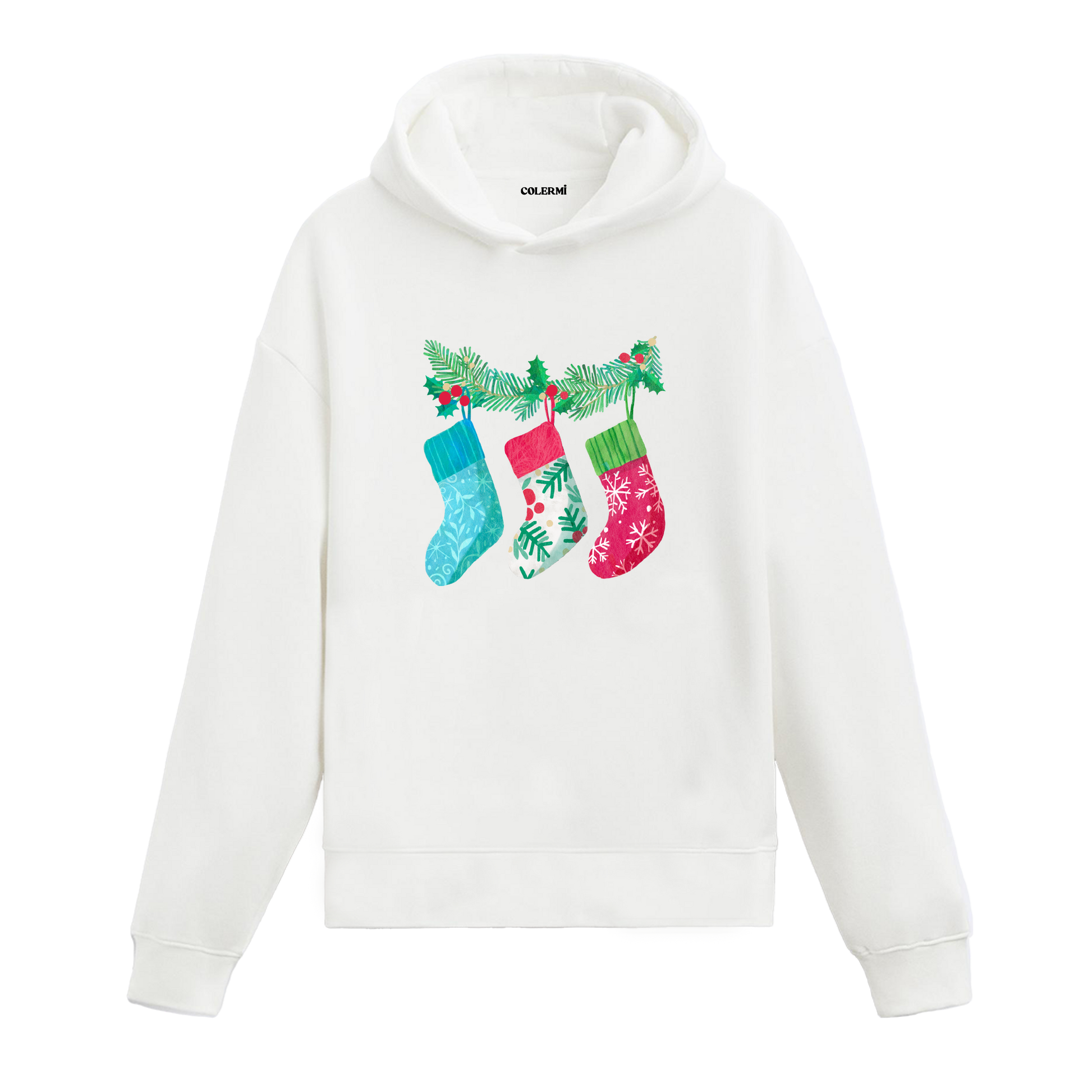 Beyaz hoodie, yılbaşı temalı çorap baskısı, pamuklu unisex hoodie