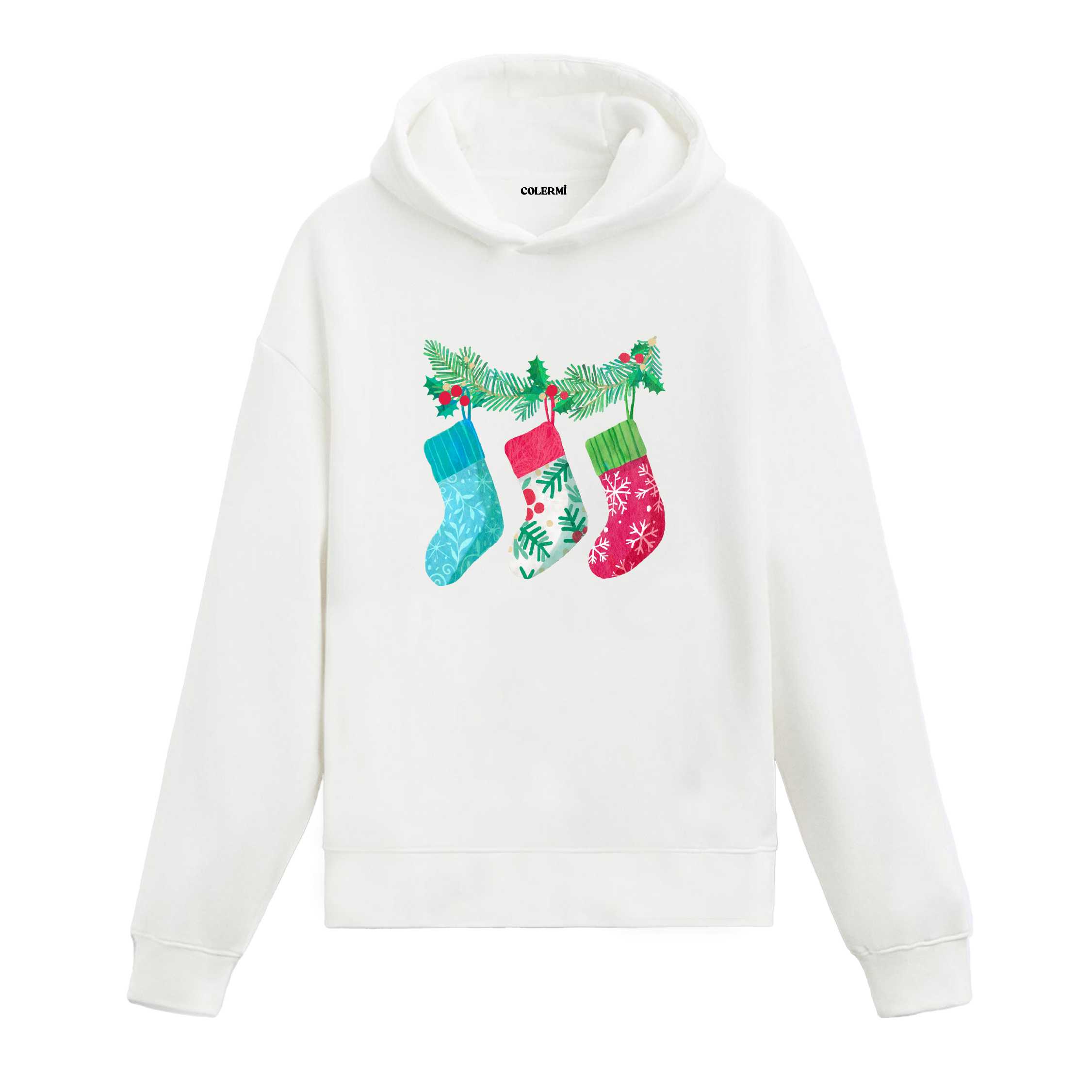Beyaz hoodie, yılbaşı temalı çorap baskısı, pamuklu unisex hoodie