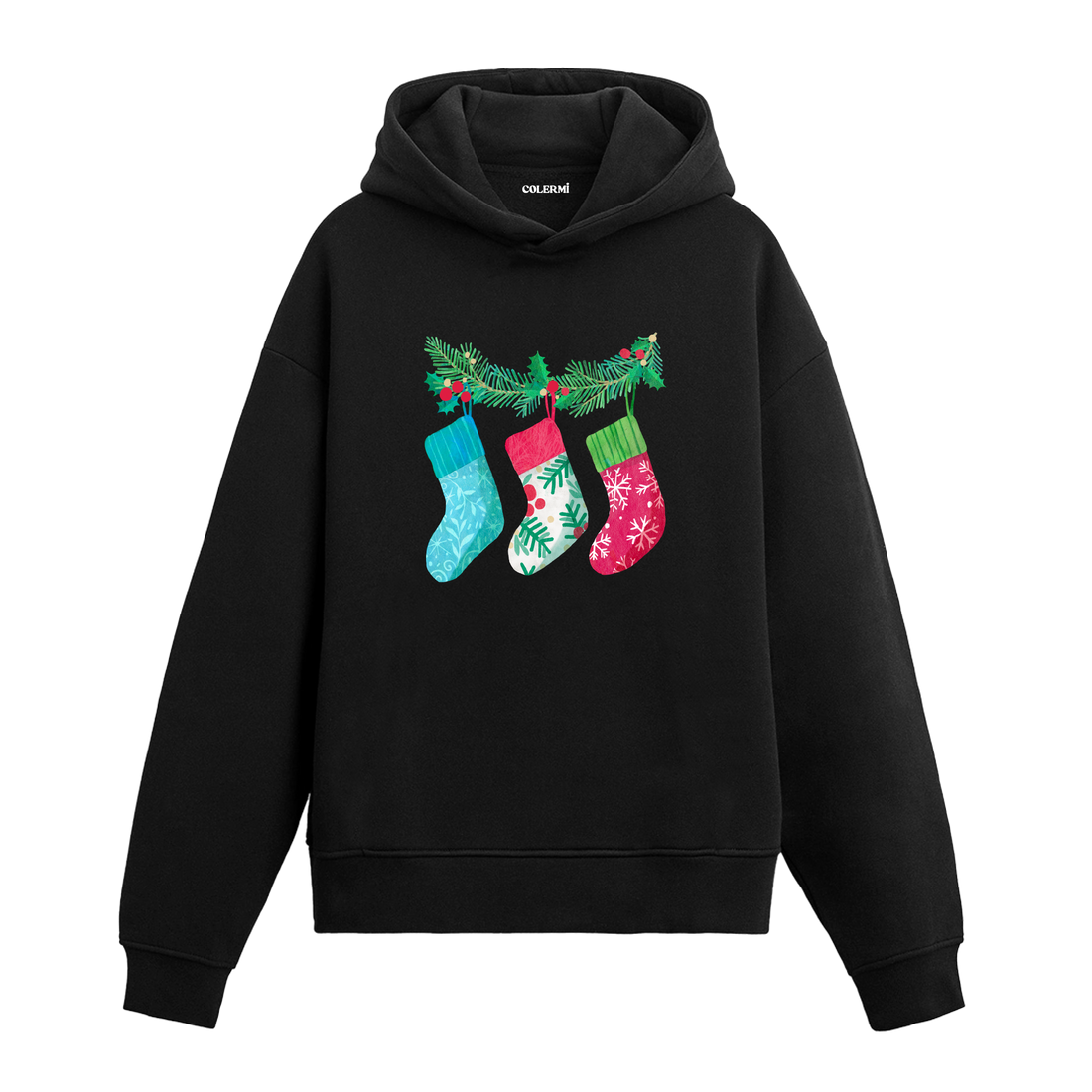 Siyah hoodie, çam dalına asılı renkli çorap baskısı, pamuklu unisex hoodie