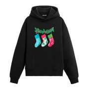 Siyah hoodie, çam dalına asılı renkli çorap baskısı, pamuklu unisex hoodie