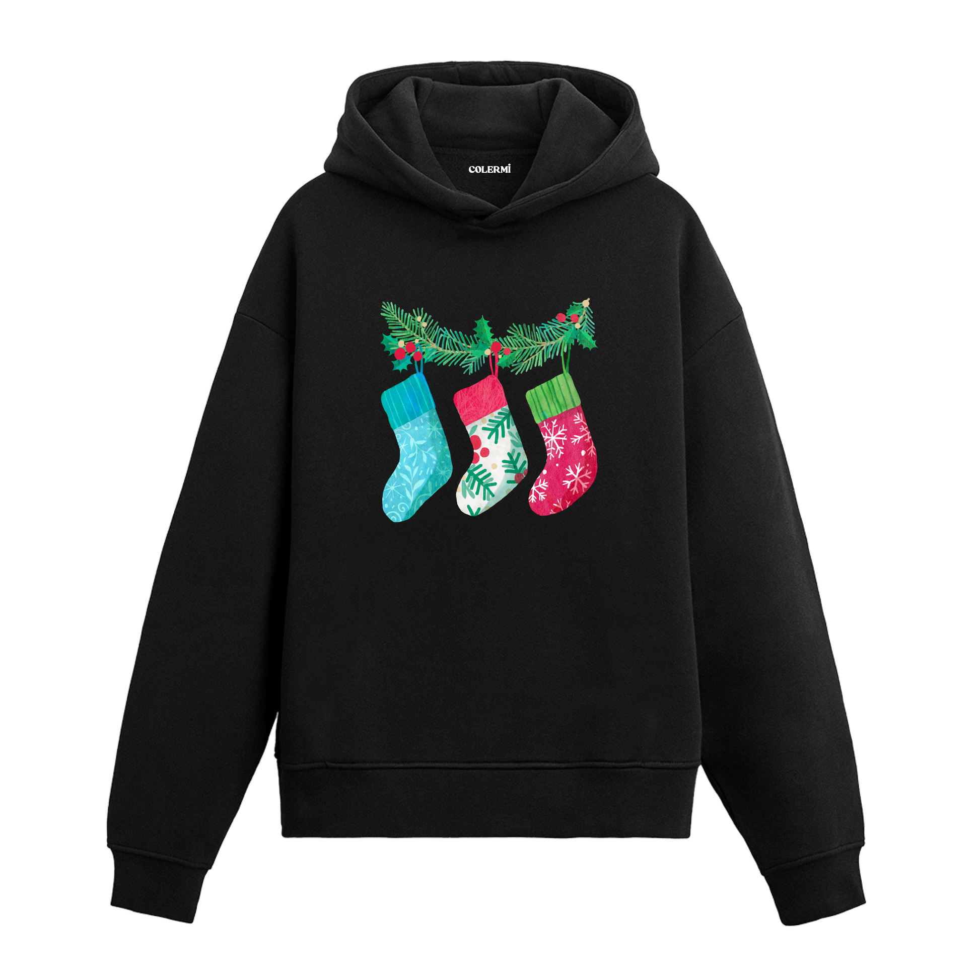 Siyah hoodie, çam dalına asılı renkli çorap baskısı, pamuklu unisex hoodie
