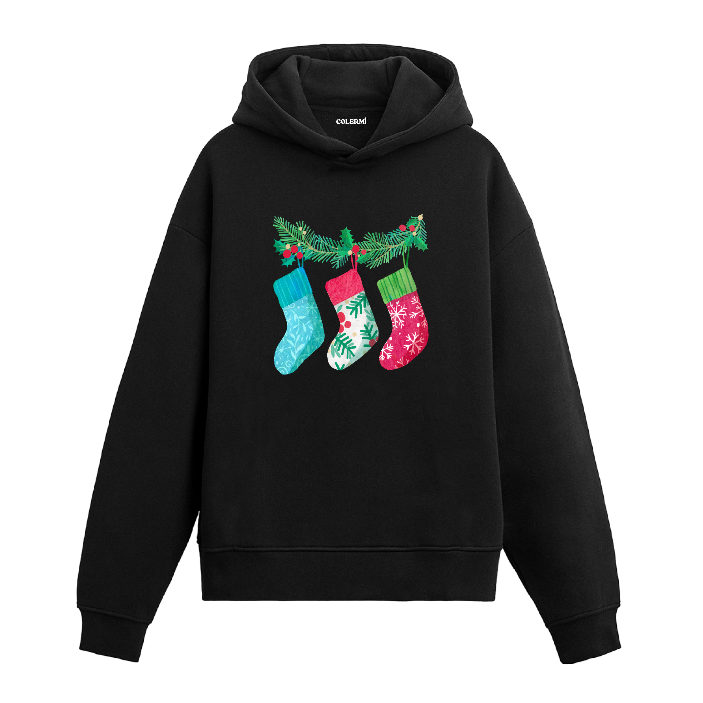 Siyah hoodie, çam dalına asılı renkli çorap baskısı, pamuklu unisex hoodie