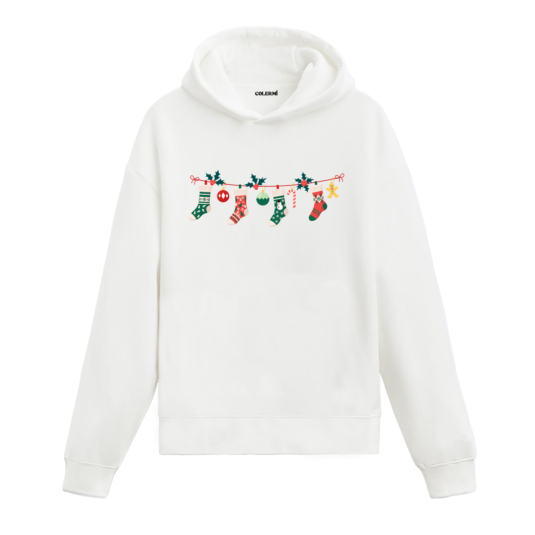Beyaz hoodie, yılbaşı çorap ve süs baskılı eğlenceli tasarım hoodie