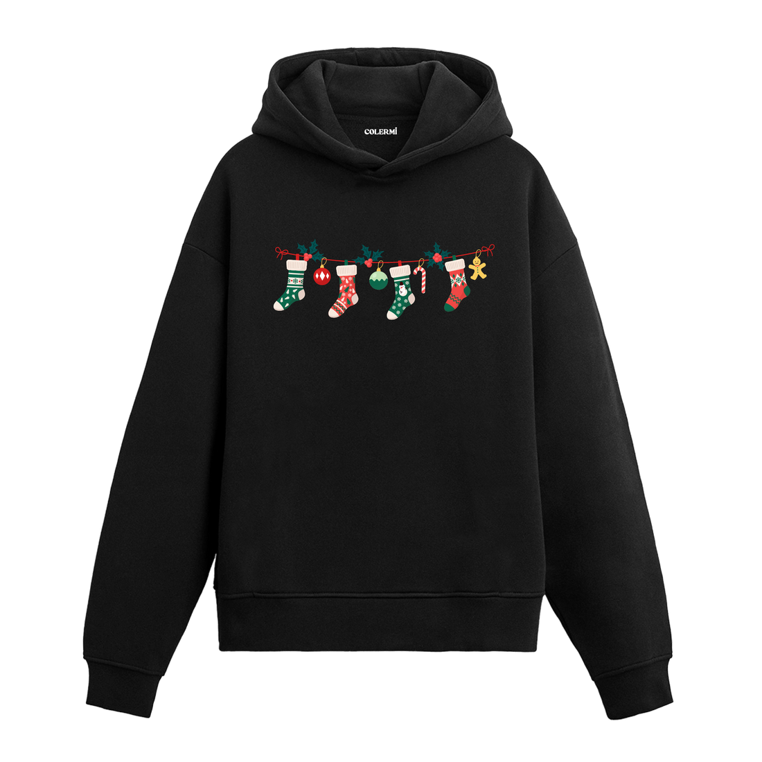 Siyah hoodie, yılbaşı çorapları ve süs baskılı pamuklu unisex hoodie