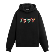 Siyah hoodie, yılbaşı çorapları ve süs baskılı pamuklu unisex hoodie