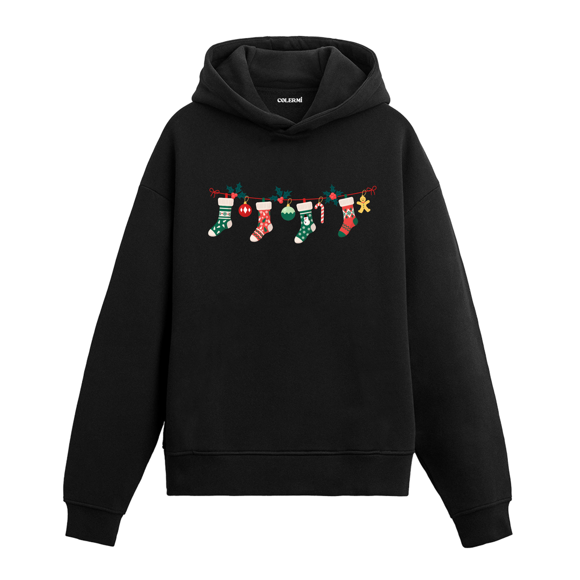 Siyah hoodie, yılbaşı çorapları ve süs baskılı pamuklu unisex hoodie