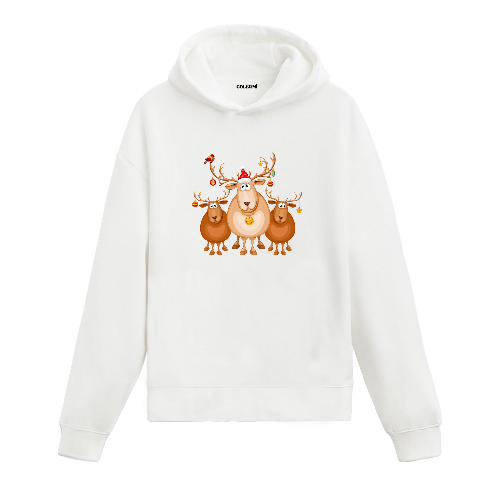 Beyaz hoodie, süslü boynuzlu geyik ve yavru geyik baskısı, pamuklu unisex hoodie