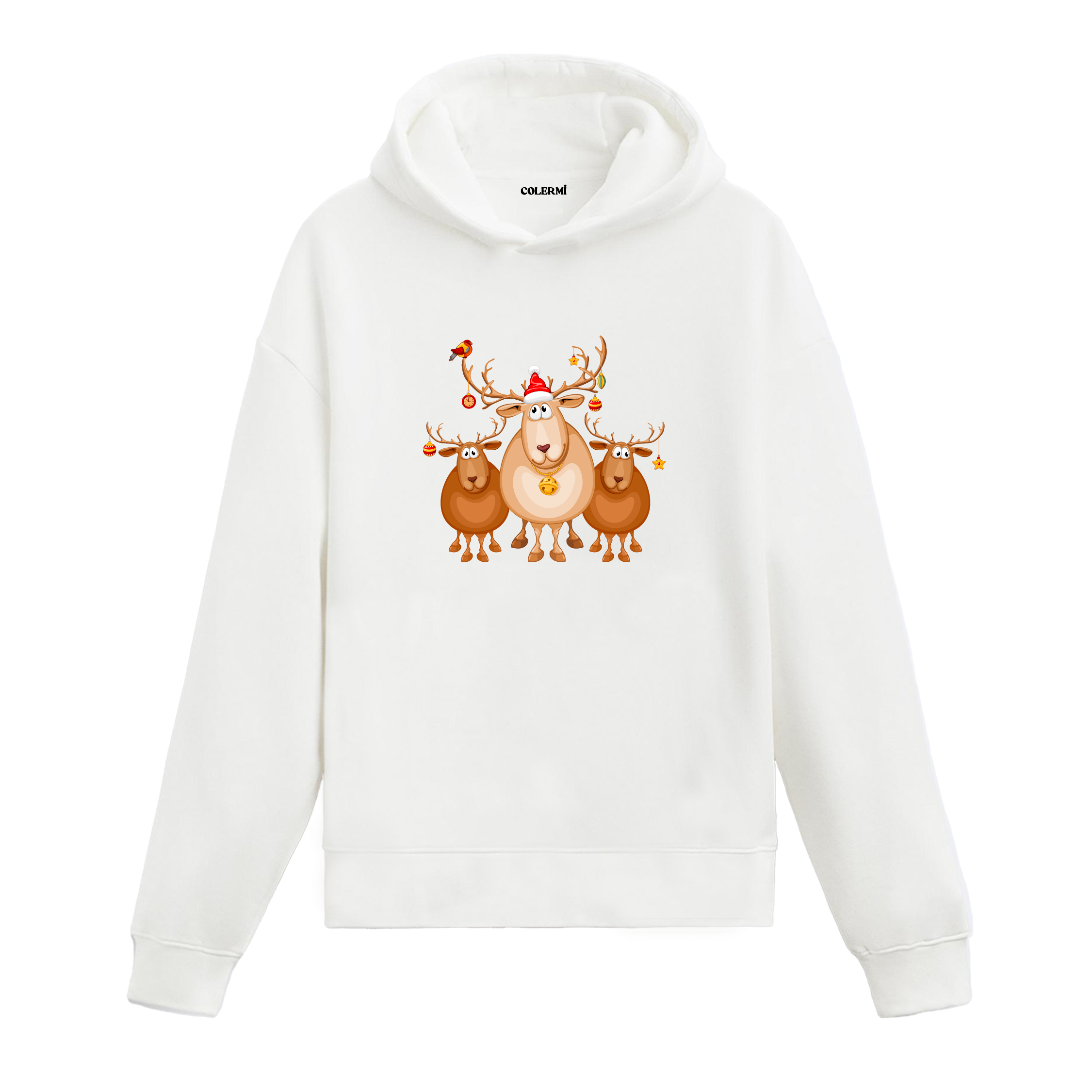 Beyaz hoodie, süslü boynuzlu geyik ve yavru geyik baskısı, pamuklu unisex hoodie
