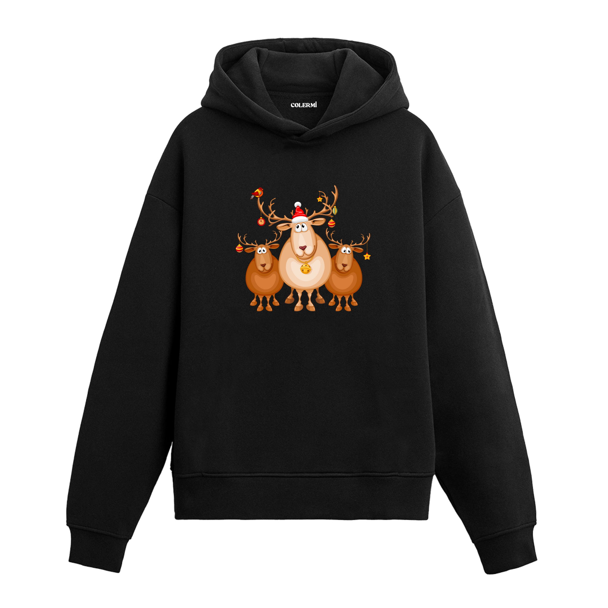 Siyah hoodie, Noel şapkalı geyik ve iki küçük geyik figürü baskısı, pamuklu unisex hoodie