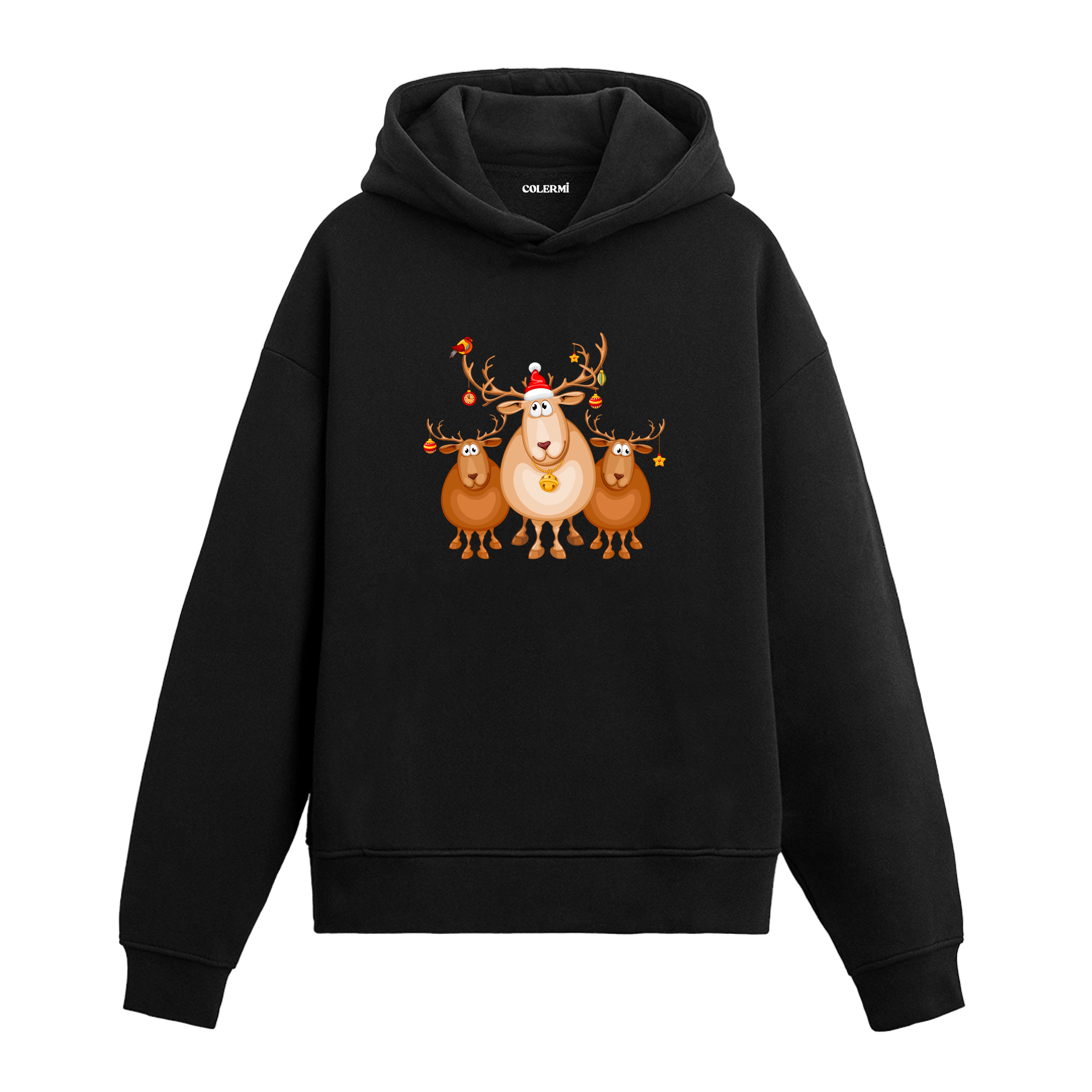 Siyah hoodie, Noel şapkalı geyik ve iki küçük geyik figürü baskısı, pamuklu unisex hoodie
