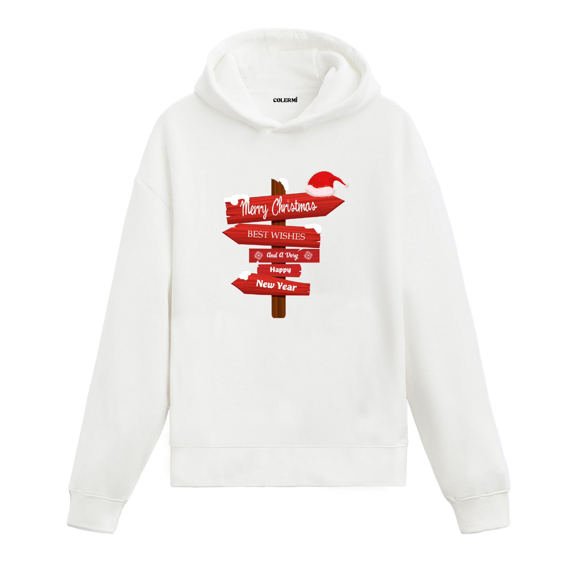 Beyaz hoodie, Noel şapkalı yılbaşı tabelası baskısı, Merry Christmas ve Happy New Year yazılı pamuklu unisex hoodie