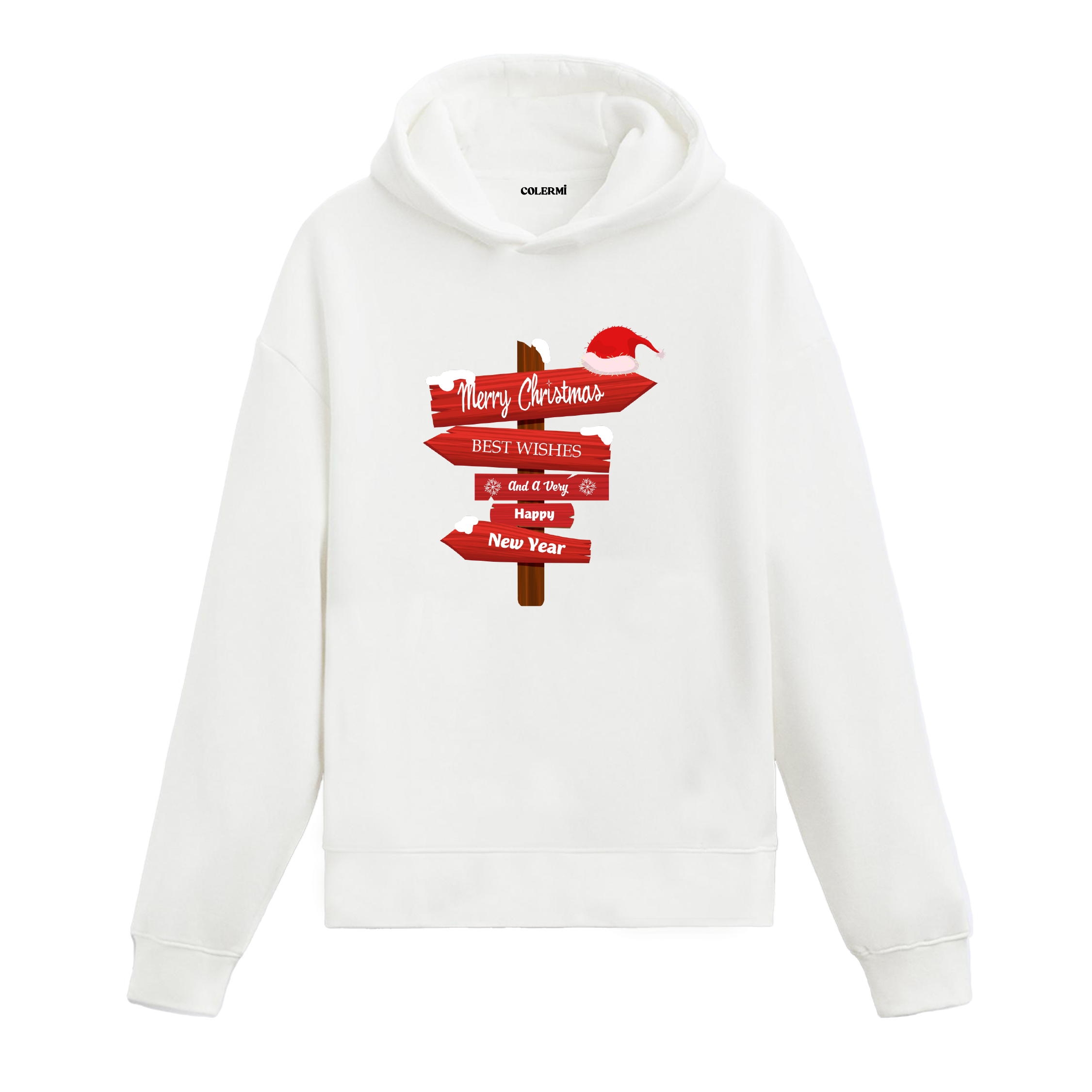 Beyaz hoodie, Noel şapkalı yılbaşı tabelası baskısı, Merry Christmas ve Happy New Year yazılı pamuklu unisex hoodie