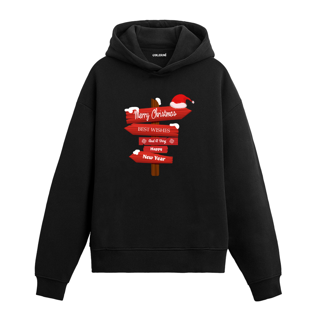 Siyah hoodie, kırmızı yılbaşı tabelası ve Merry Christmas Happy New Year yazılı baskı, pamuklu unisex hoodie