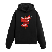Siyah hoodie, kırmızı yılbaşı tabelası ve Merry Christmas Happy New Year yazılı baskı, pamuklu unisex hoodie