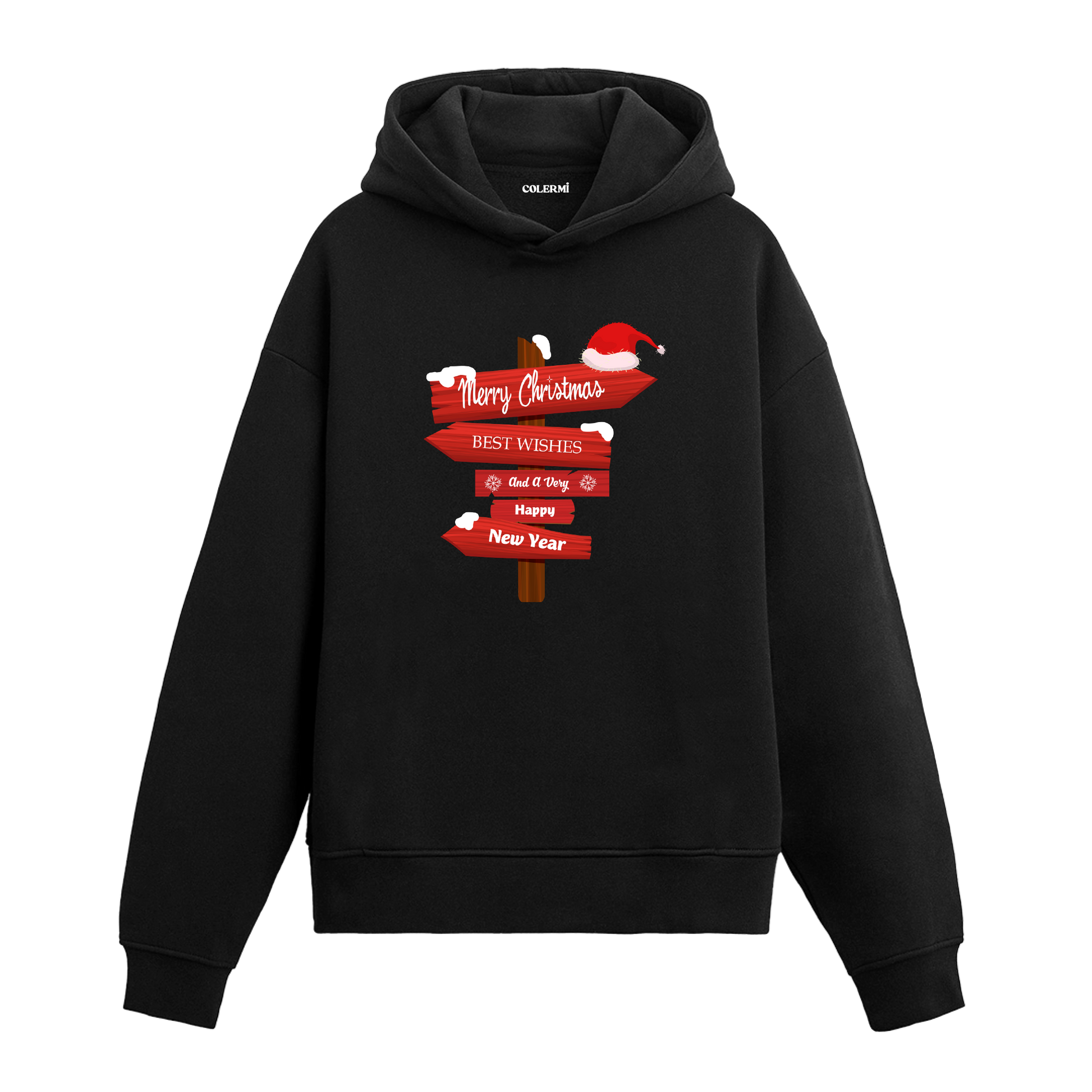 Siyah hoodie, kırmızı yılbaşı tabelası ve Merry Christmas Happy New Year yazılı baskı, pamuklu unisex hoodie