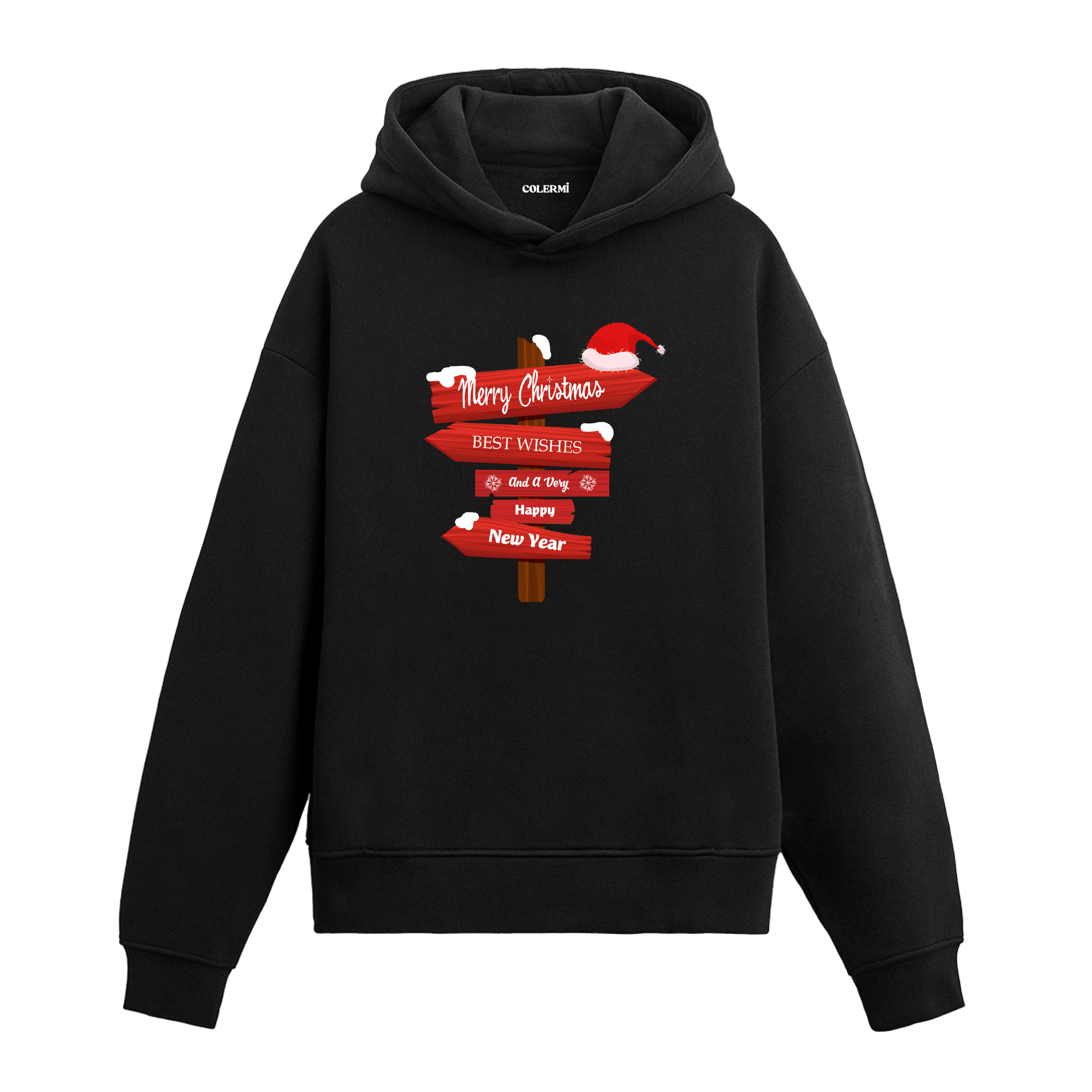 Siyah hoodie, kırmızı yılbaşı tabelası ve Merry Christmas Happy New Year yazılı baskı, pamuklu unisex hoodie